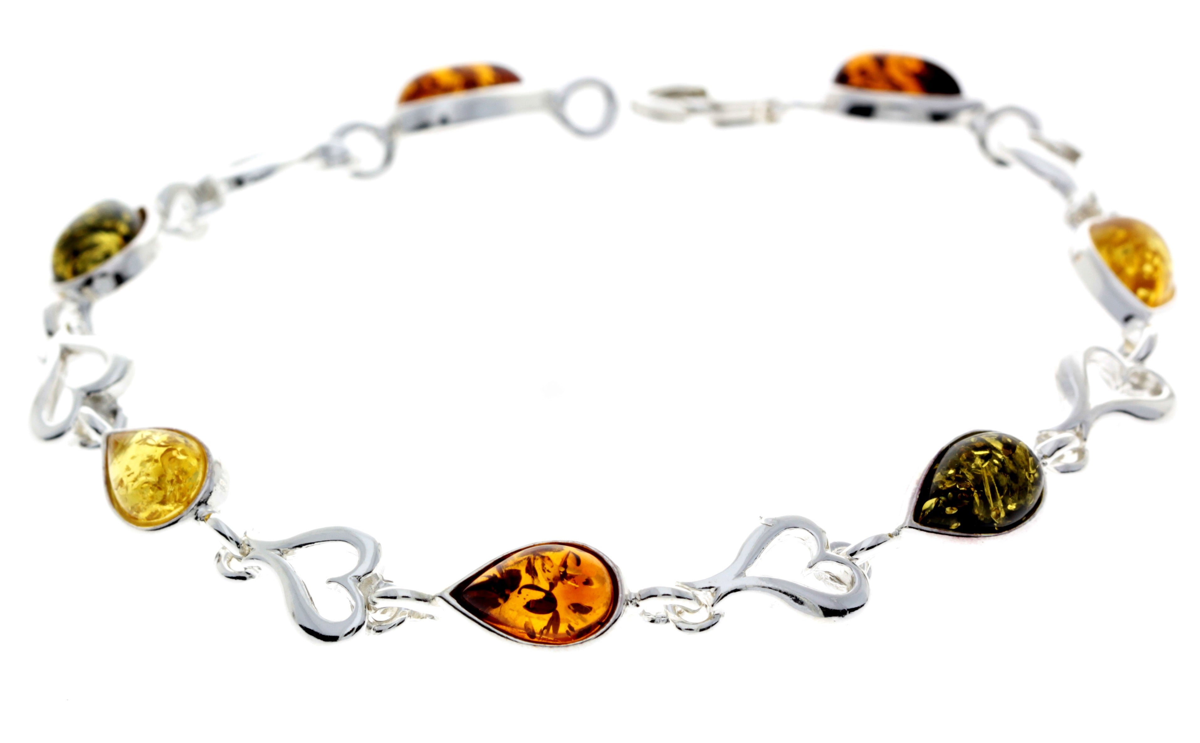 925 Sterling Silver & Genuine Baltic Amber Classic Link Hearts Bracelet - M519