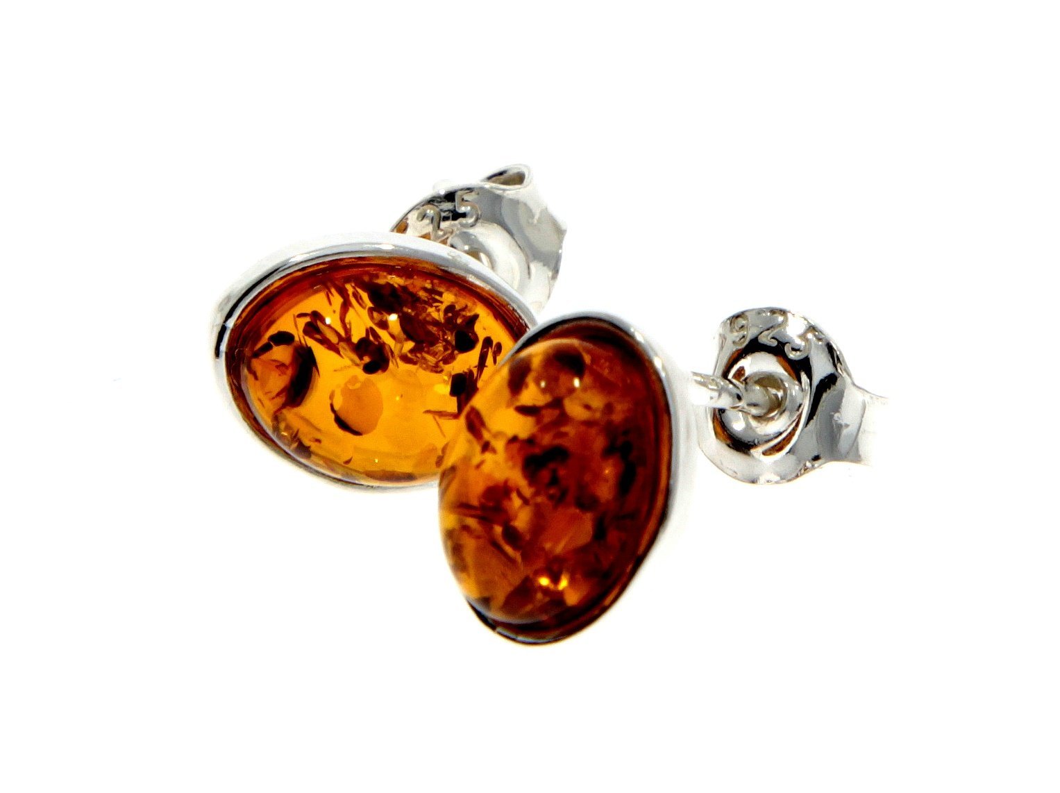 Designer Silver & Amber Stud Earrings in Cognac - SilverAmberJewellery