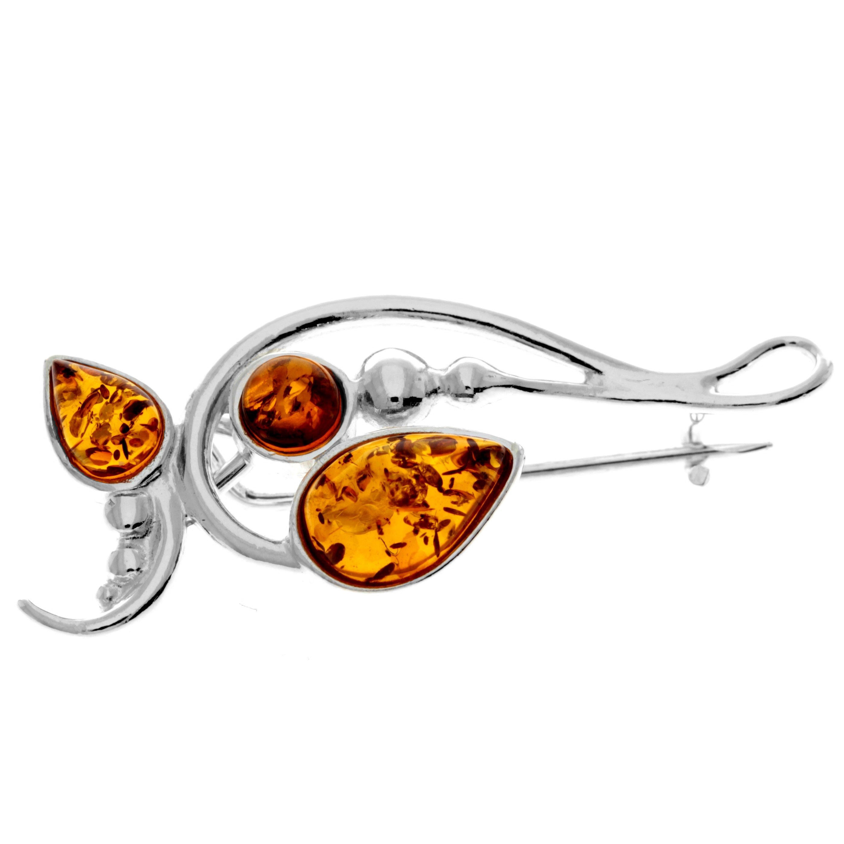 925 Sterling Silver & Genuine Baltic Amber Modern Brooch - M807