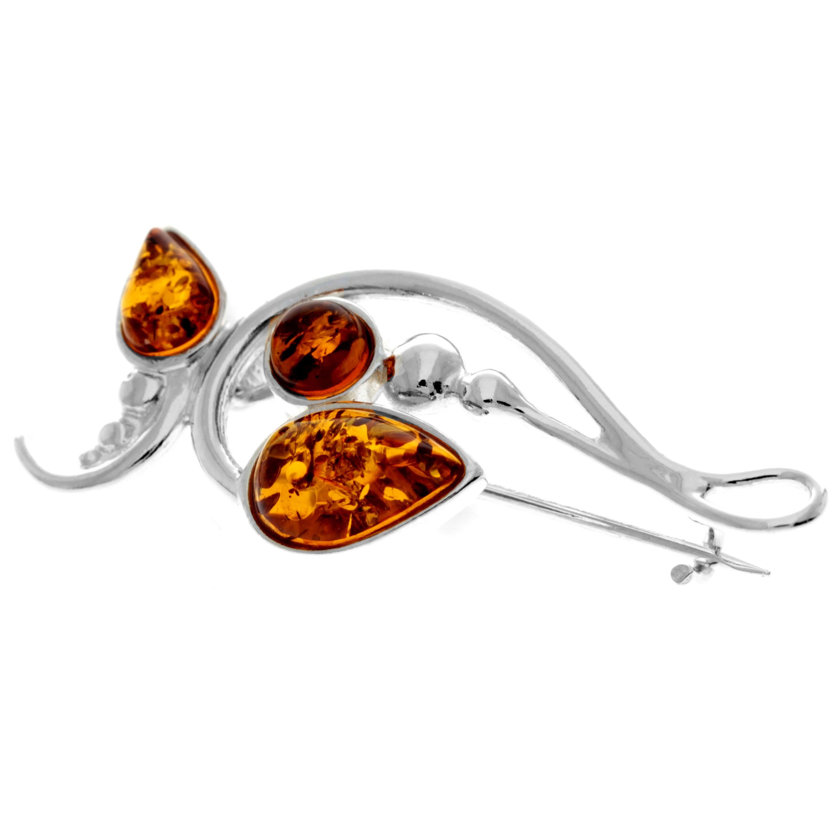 925 Sterling Silver & Genuine Baltic Amber Modern Brooch - M807