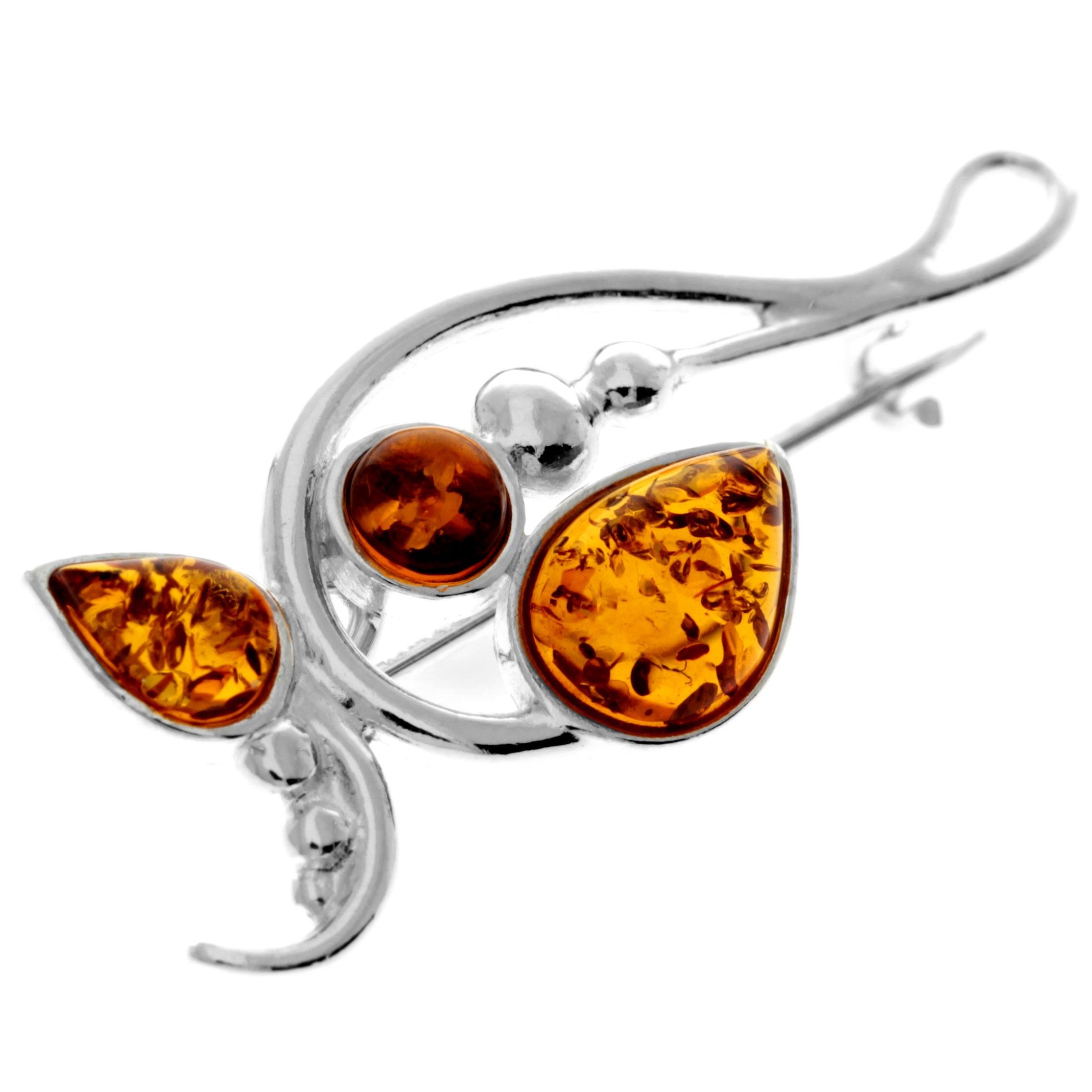 925 Sterling Silver & Genuine Baltic Amber Modern Brooch - M807