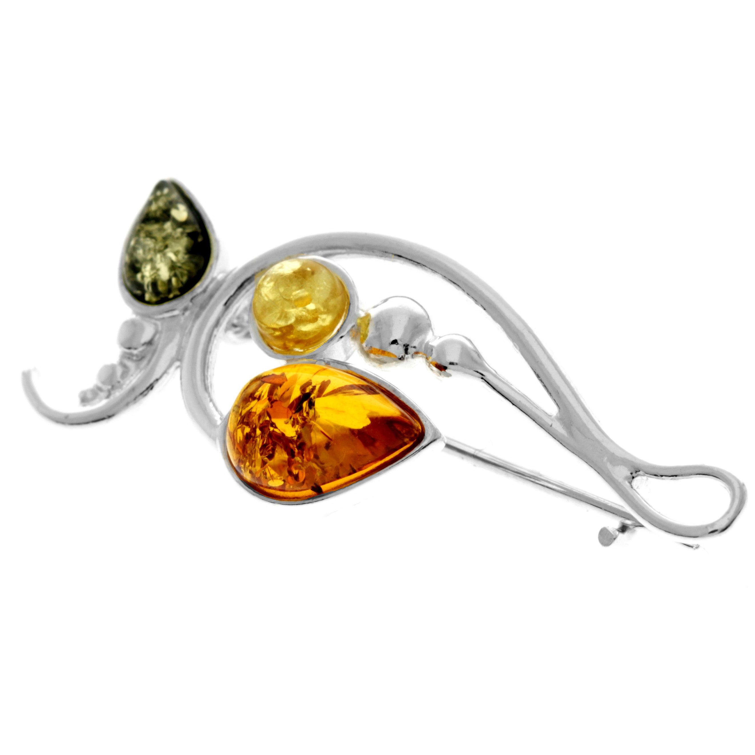 925 Sterling Silver & Genuine Baltic Amber Modern Brooch - M807