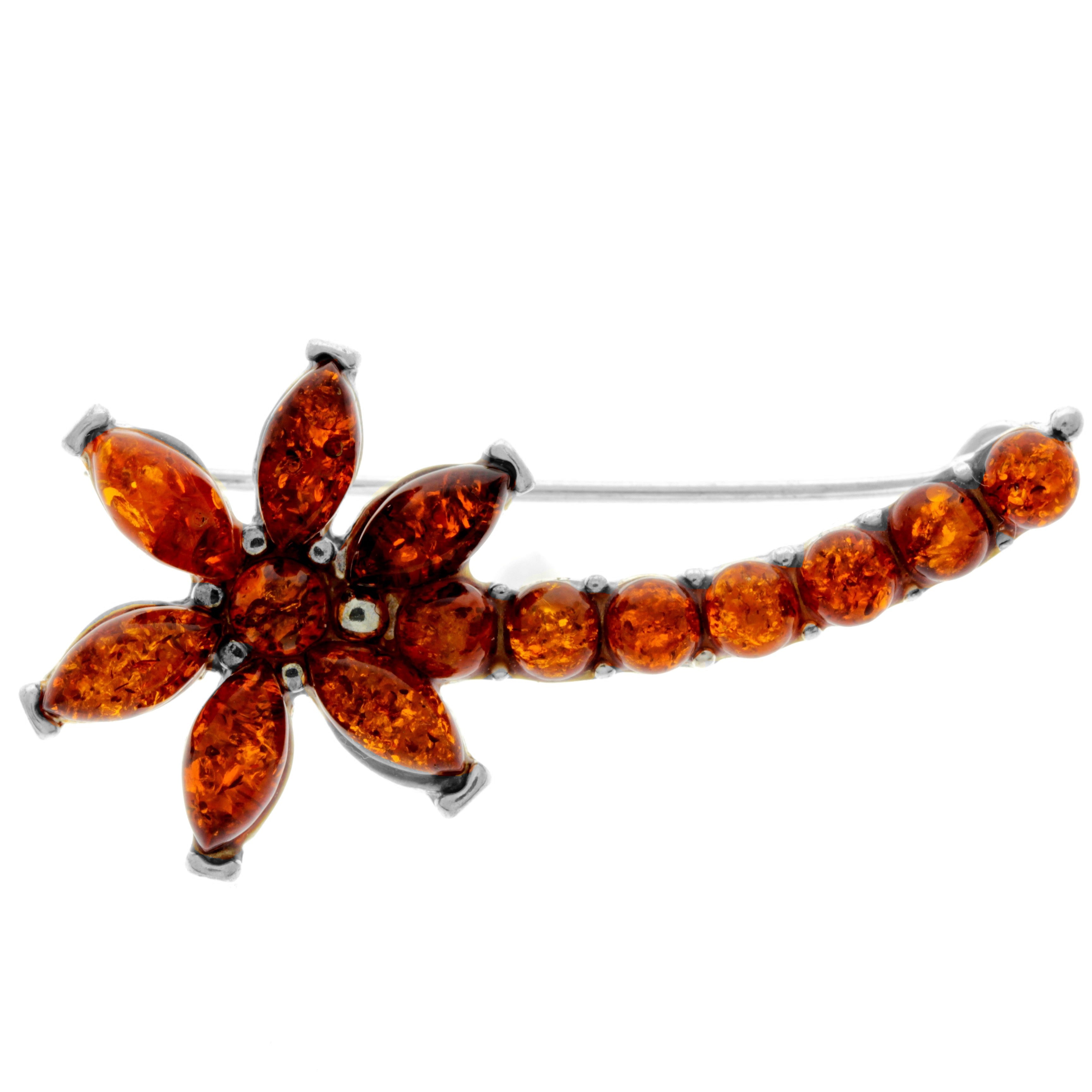 925 Sterling Silver & Genuine Baltic Amber Flower Brooch - M812