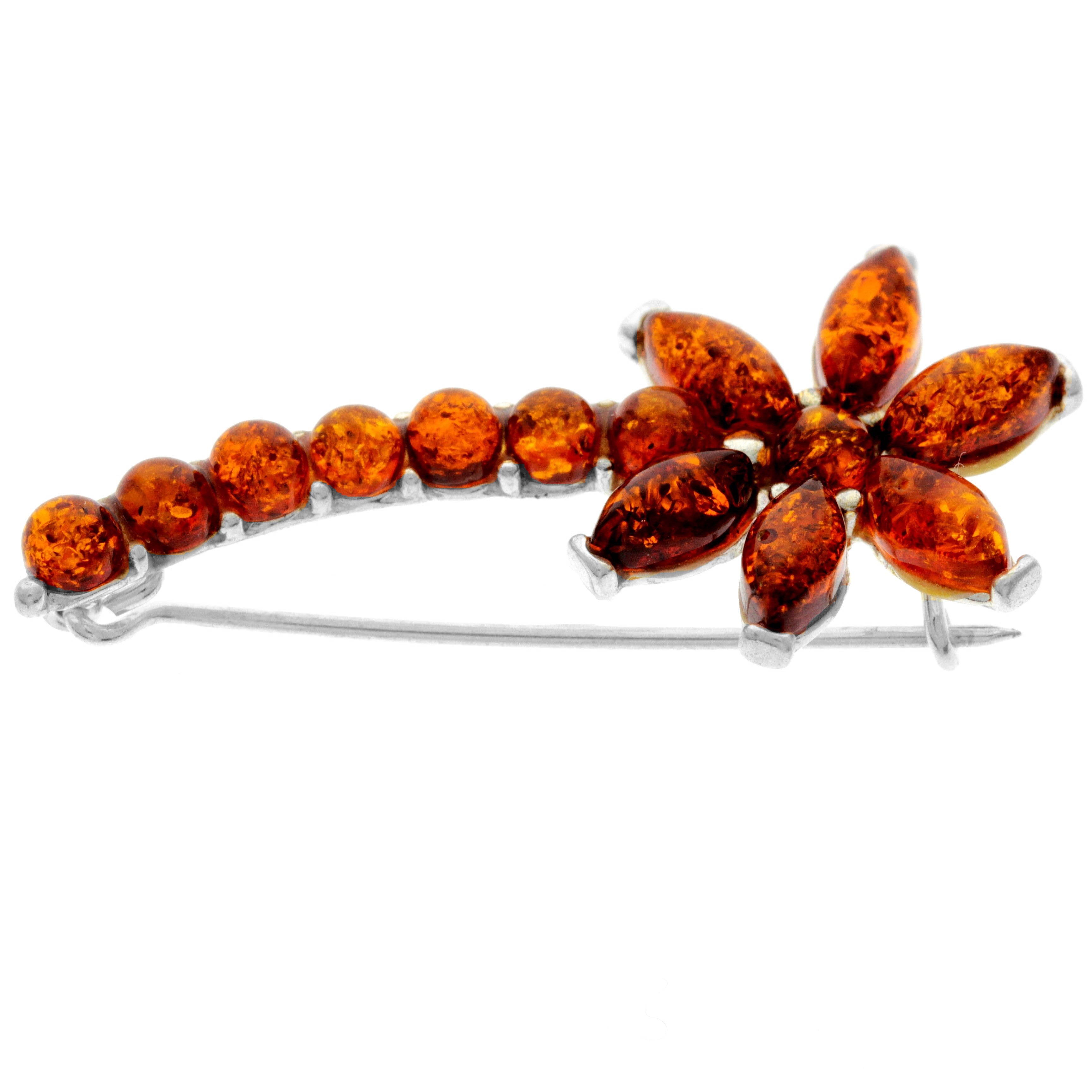 925 Sterling Silver & Genuine Baltic Amber Flower Brooch - M812