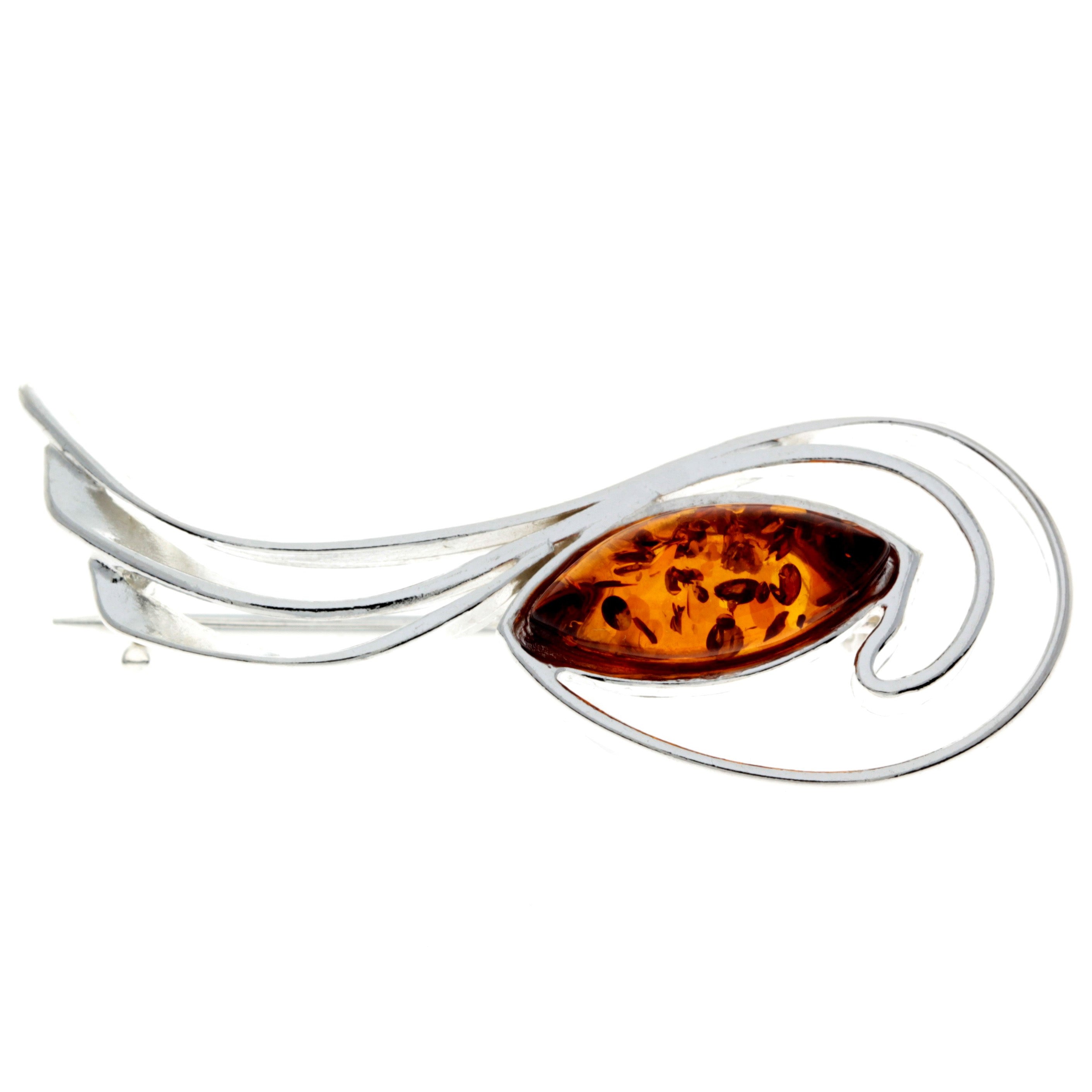 925 Sterling Silver & Genuine Baltic Amber Modern Brooch - M815