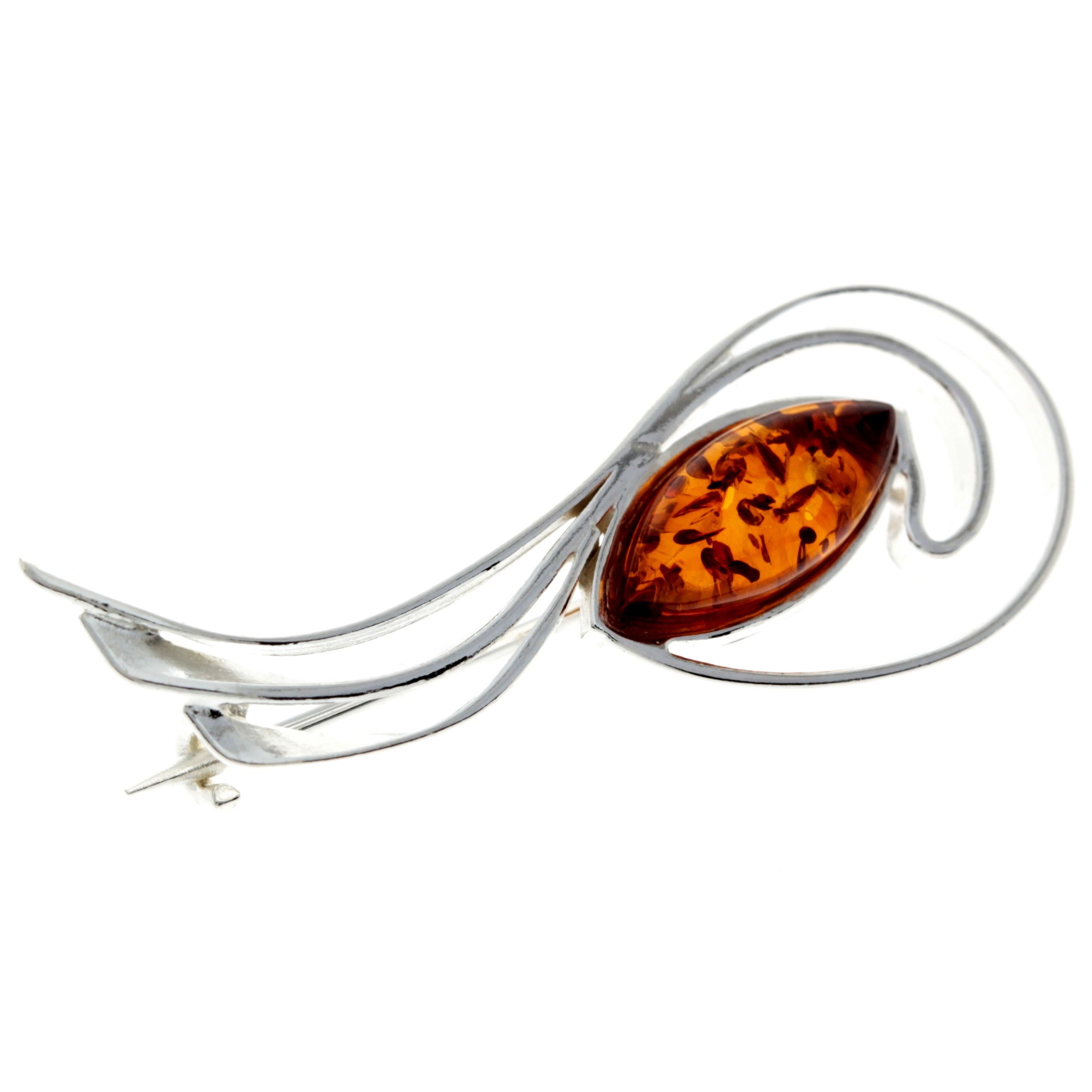 925 Sterling Silver & Genuine Baltic Amber Modern Brooch - M815