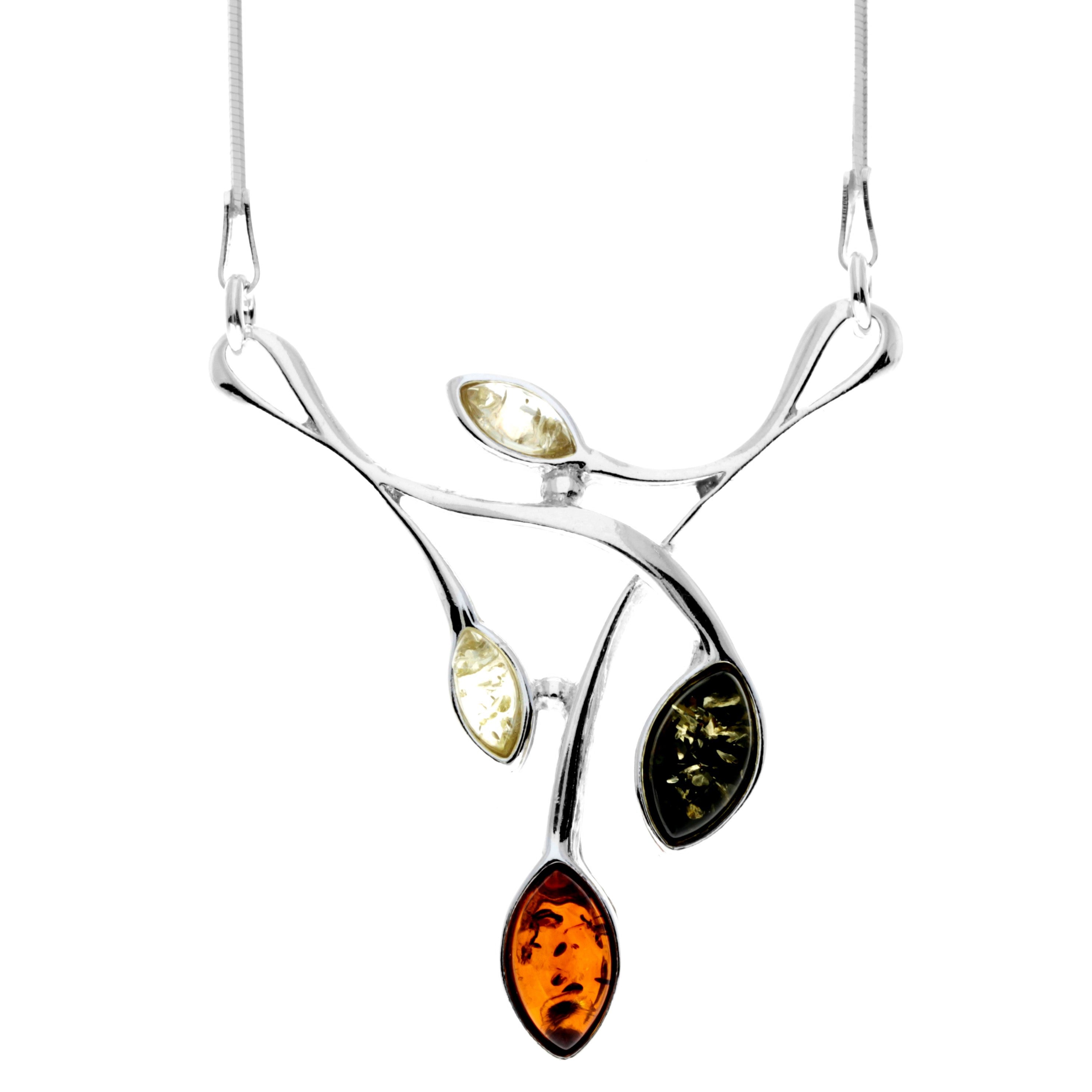 925 Sterling Silver & Genuine Baltic Amber Contemporary Modern Necklace - M930