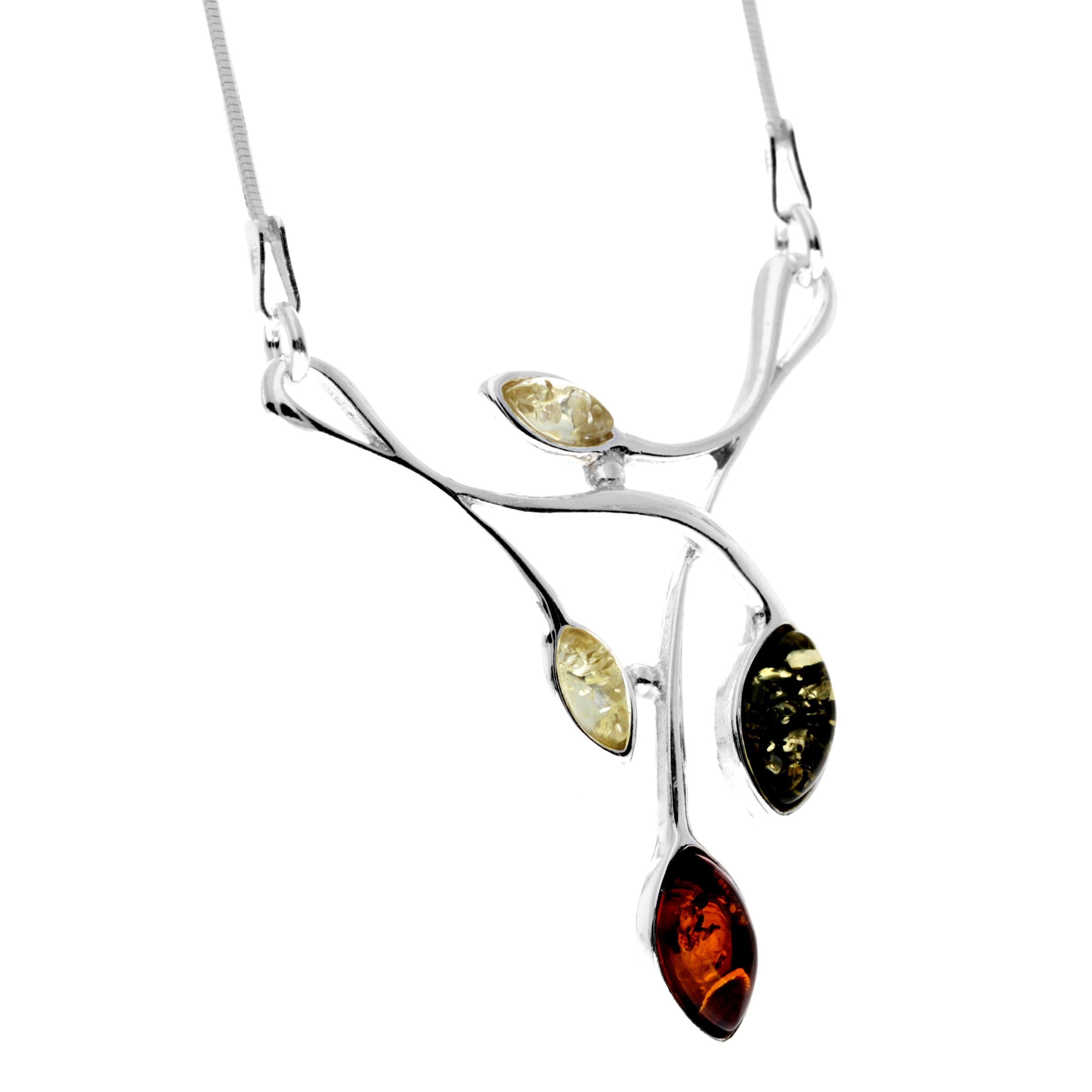 925 Sterling Silver & Genuine Baltic Amber Contemporary Modern Necklace - M930