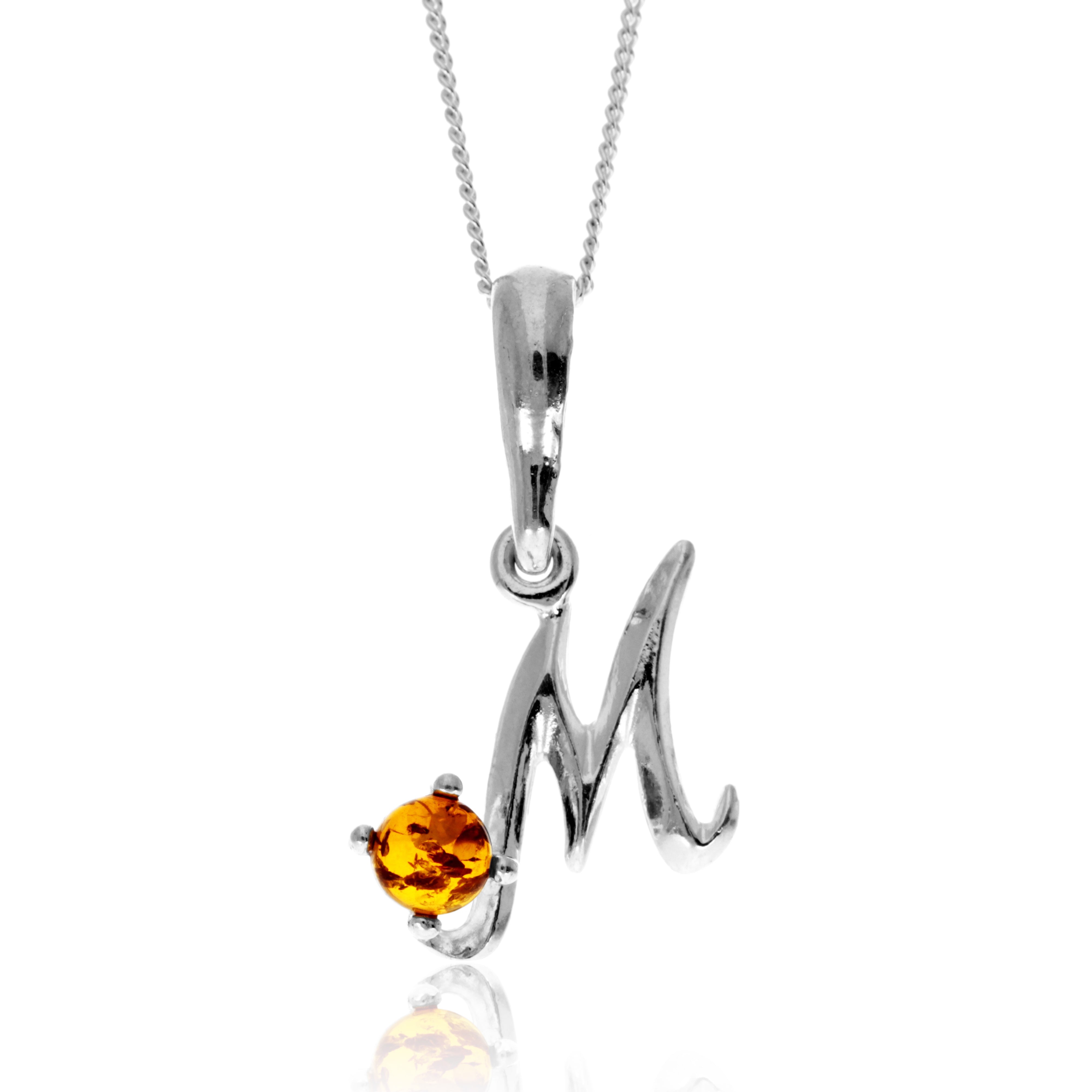 925 Sterling Silver & Genuine Baltic Amber Initials Alphabet Letters Pendant - AP