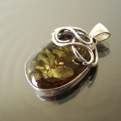 925 Sterling Silver & Genuine Green Baltic Amber Exlusive Unique Pendant - PD0158