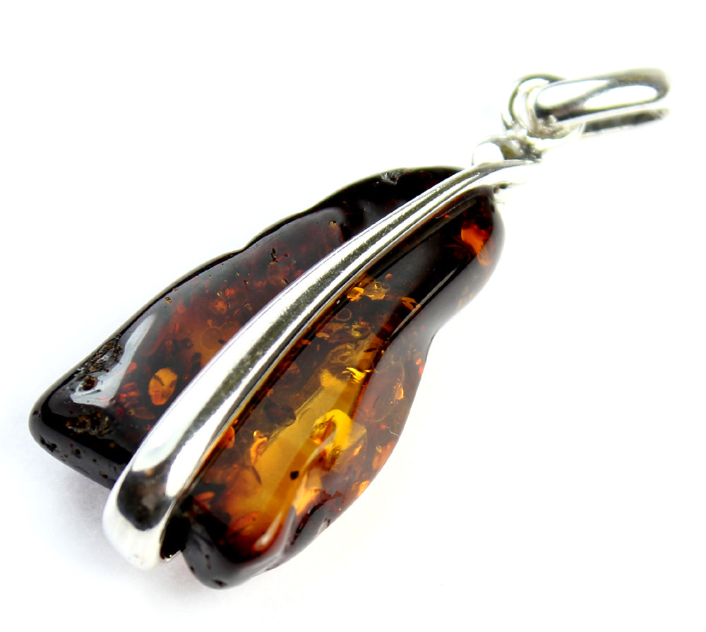 925 Sterling Silver & Genuine Cognac Baltic Amber Exlusive Unique Pendant - PD1530