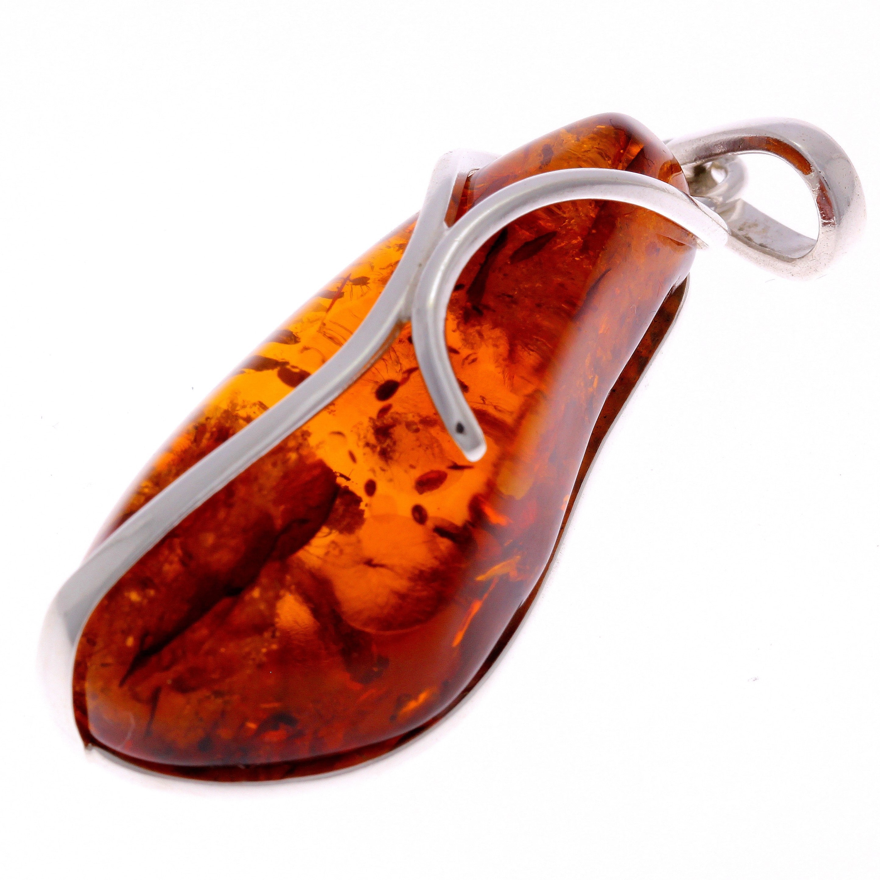 925 Sterling Silver & Genuine Cognac Baltic Amber Exlusive Unique Pendant - PD1750