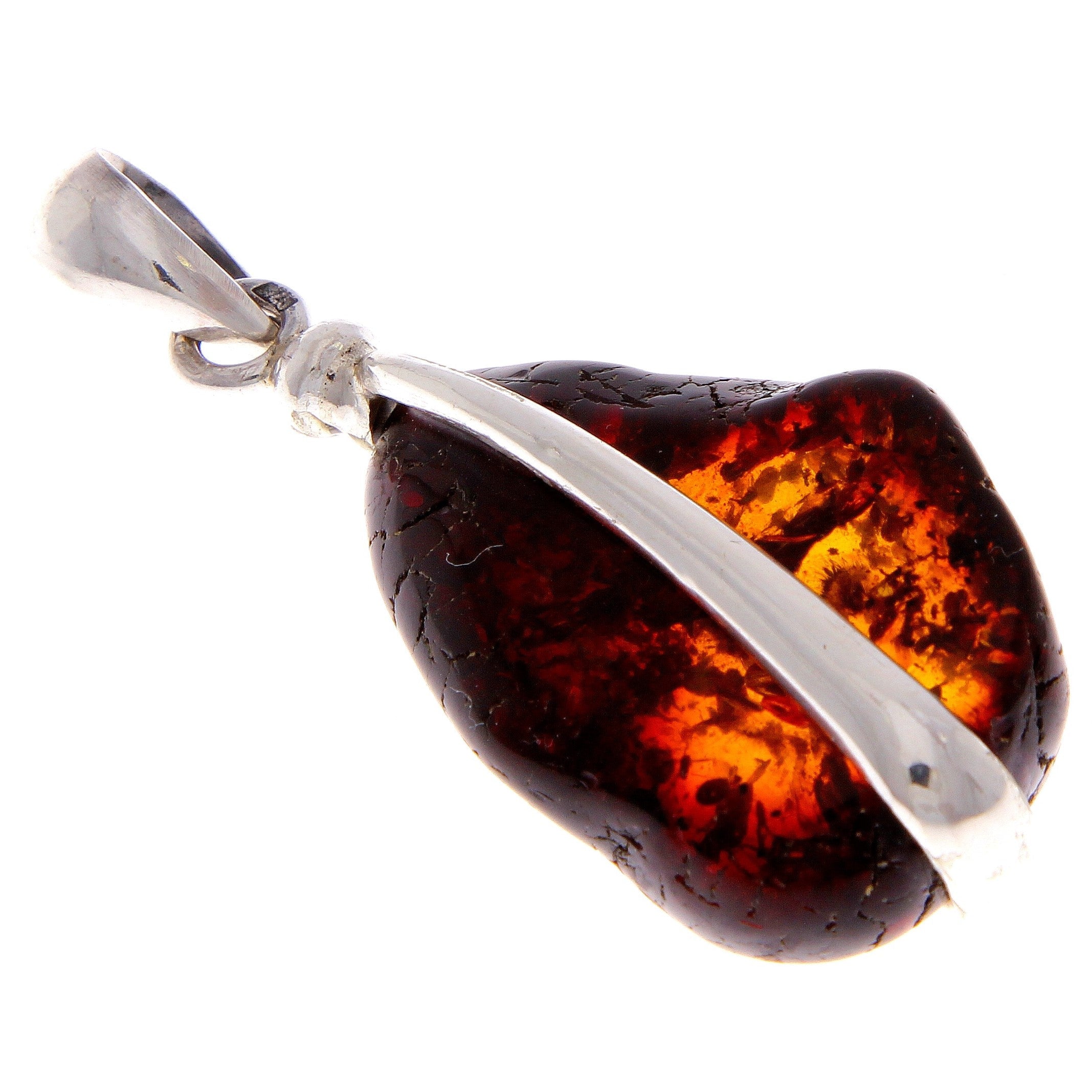 925 Sterling Silver & Genuine Cognac Baltic Amber Exlusive Unique Pendant - PD1803