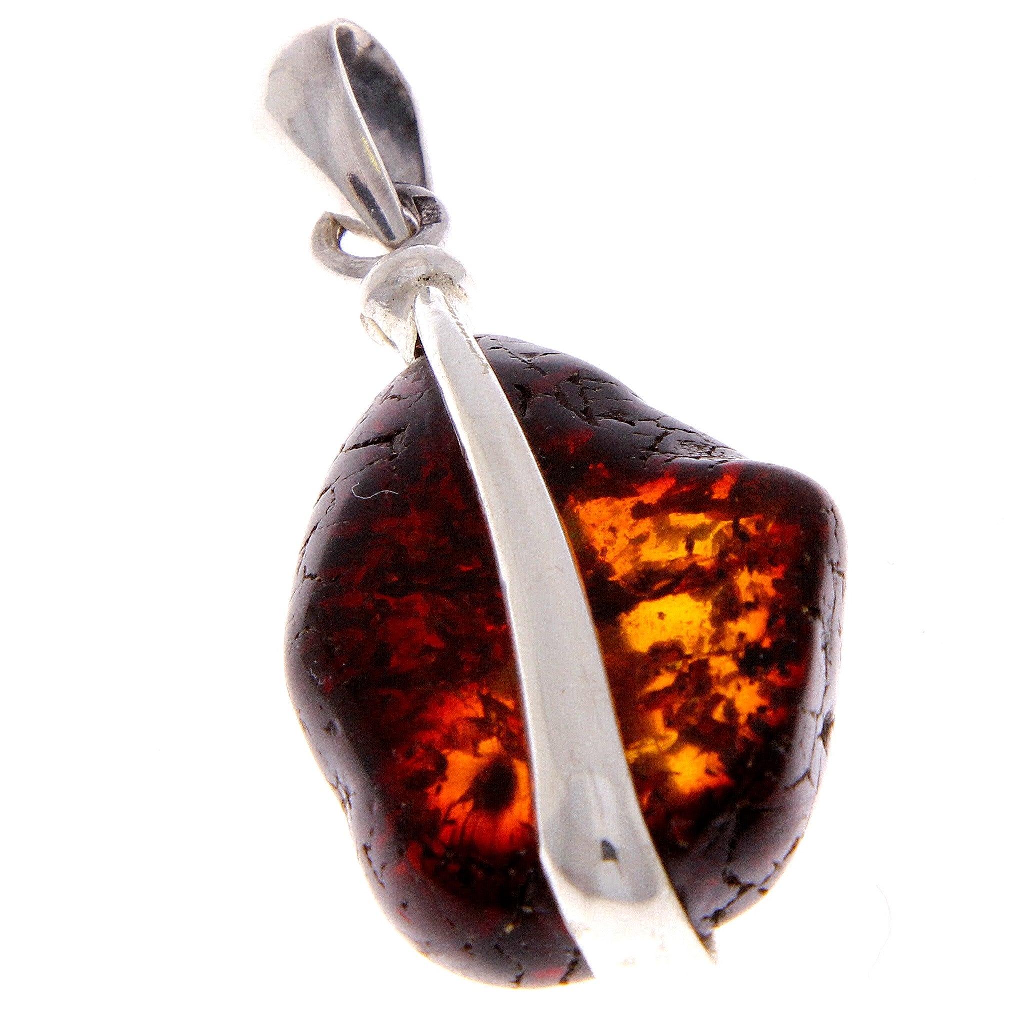 925 Sterling Silver & Genuine Cognac Baltic Amber Exlusive Unique Pendant - PD1803