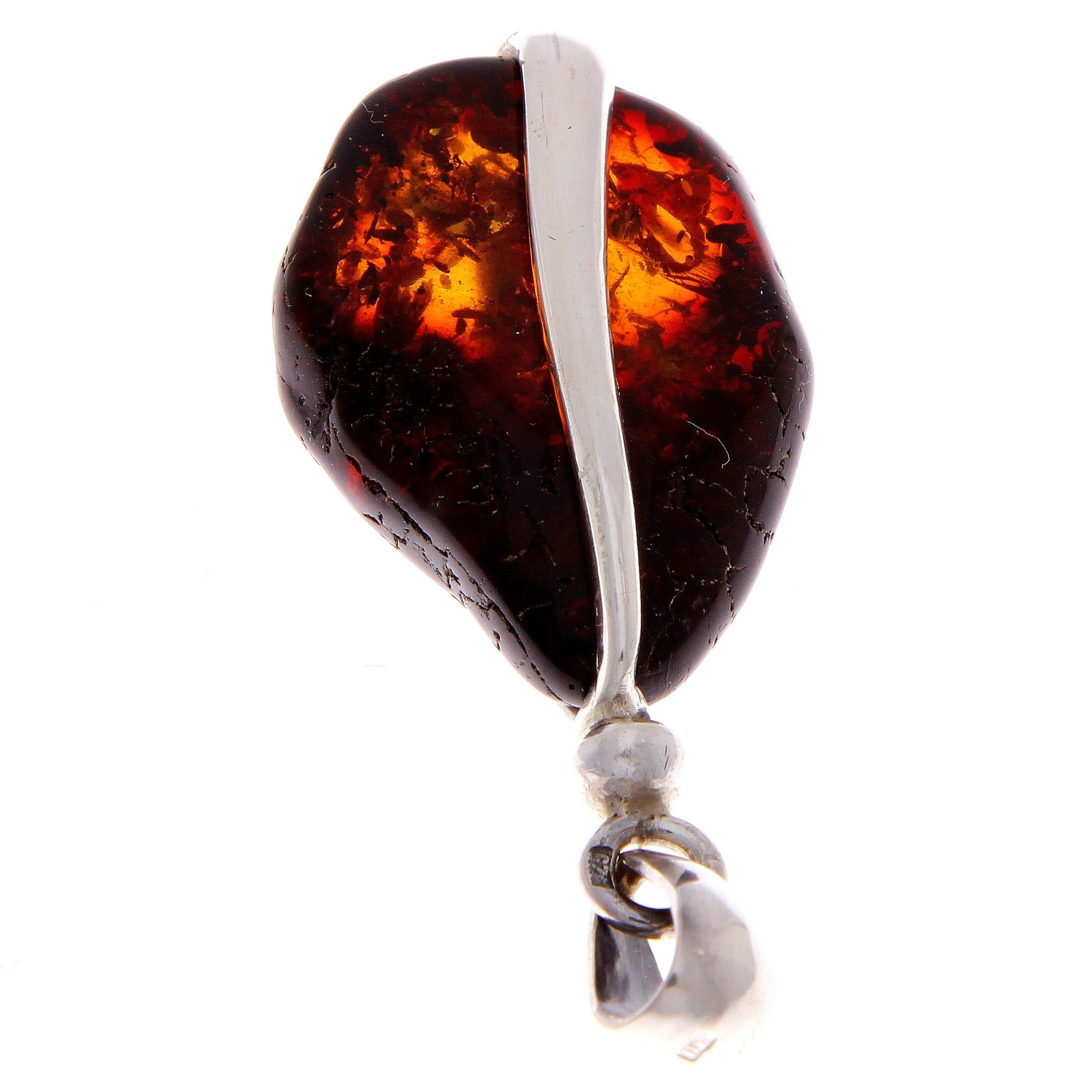 925 Sterling Silver & Genuine Cognac Baltic Amber Exlusive Unique Pendant - PD1803