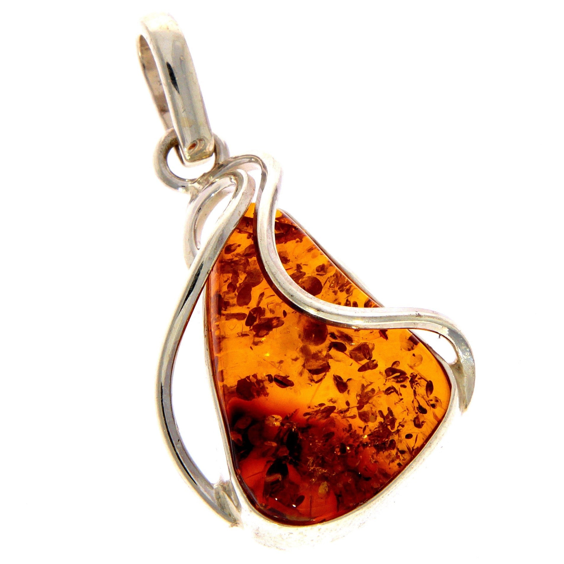 925 Sterling Silver & Genuine Cognac Baltic Amber Exlusive Unique Pendant - PD1928