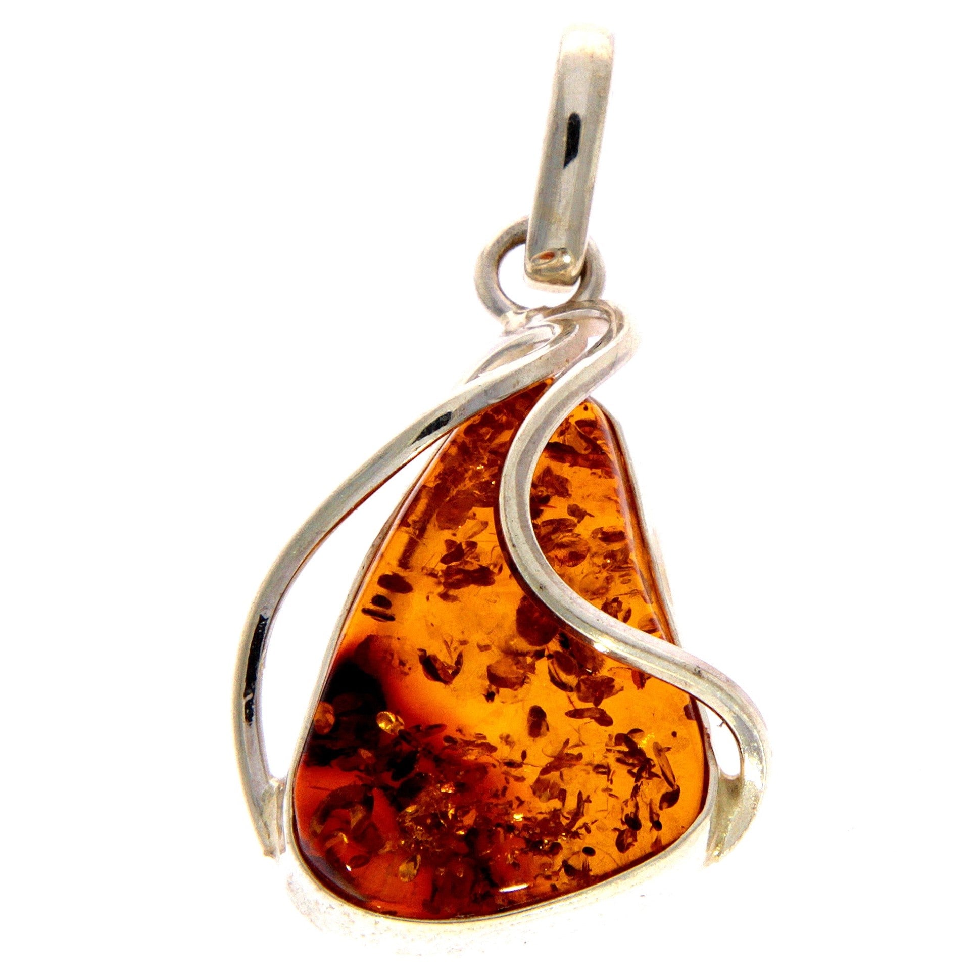 925 Sterling Silver & Genuine Cognac Baltic Amber Exlusive Unique Pendant - PD1928