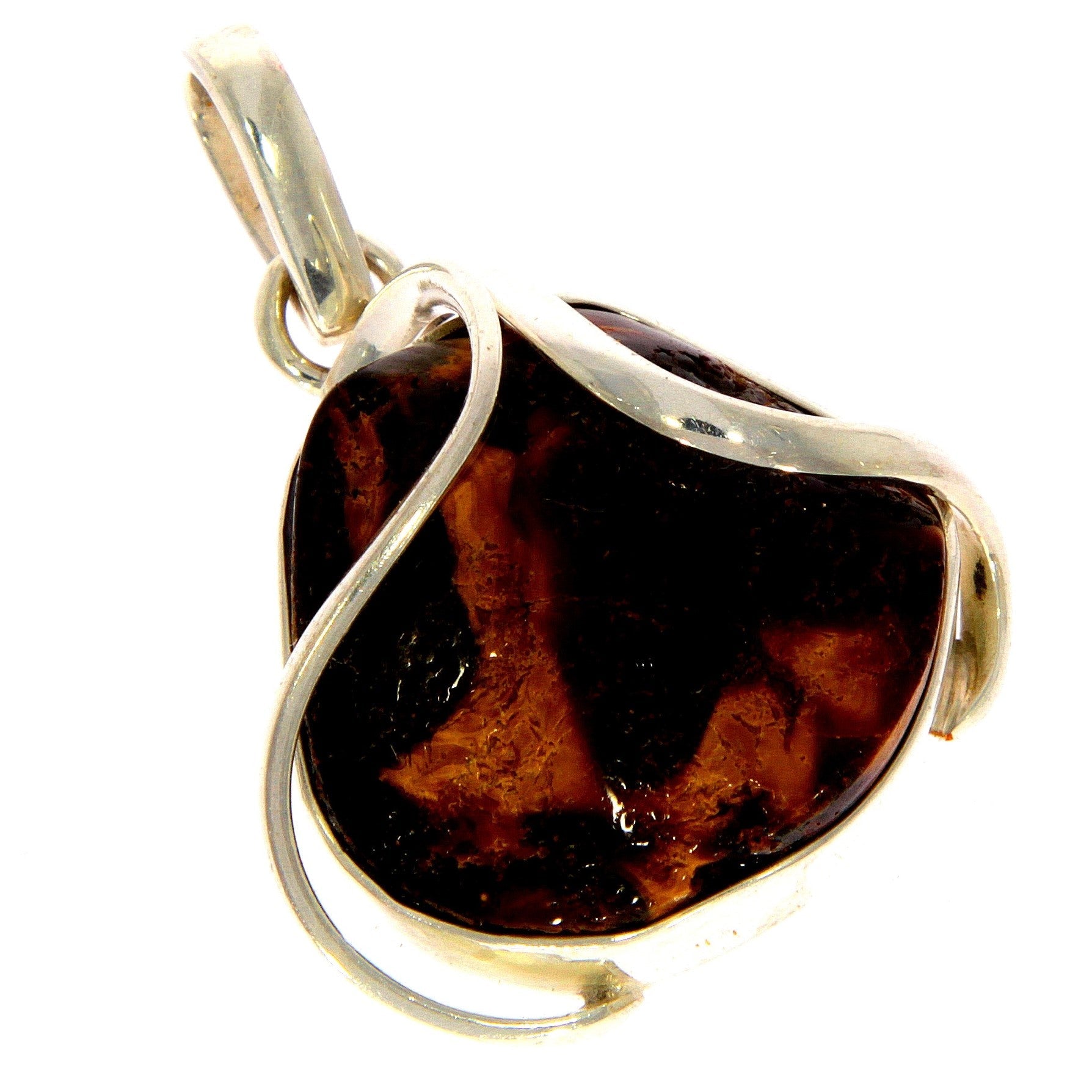 925 Sterling Silver & Genuine Cognac Baltic Amber Exlusive Unique Pendant - PD1945