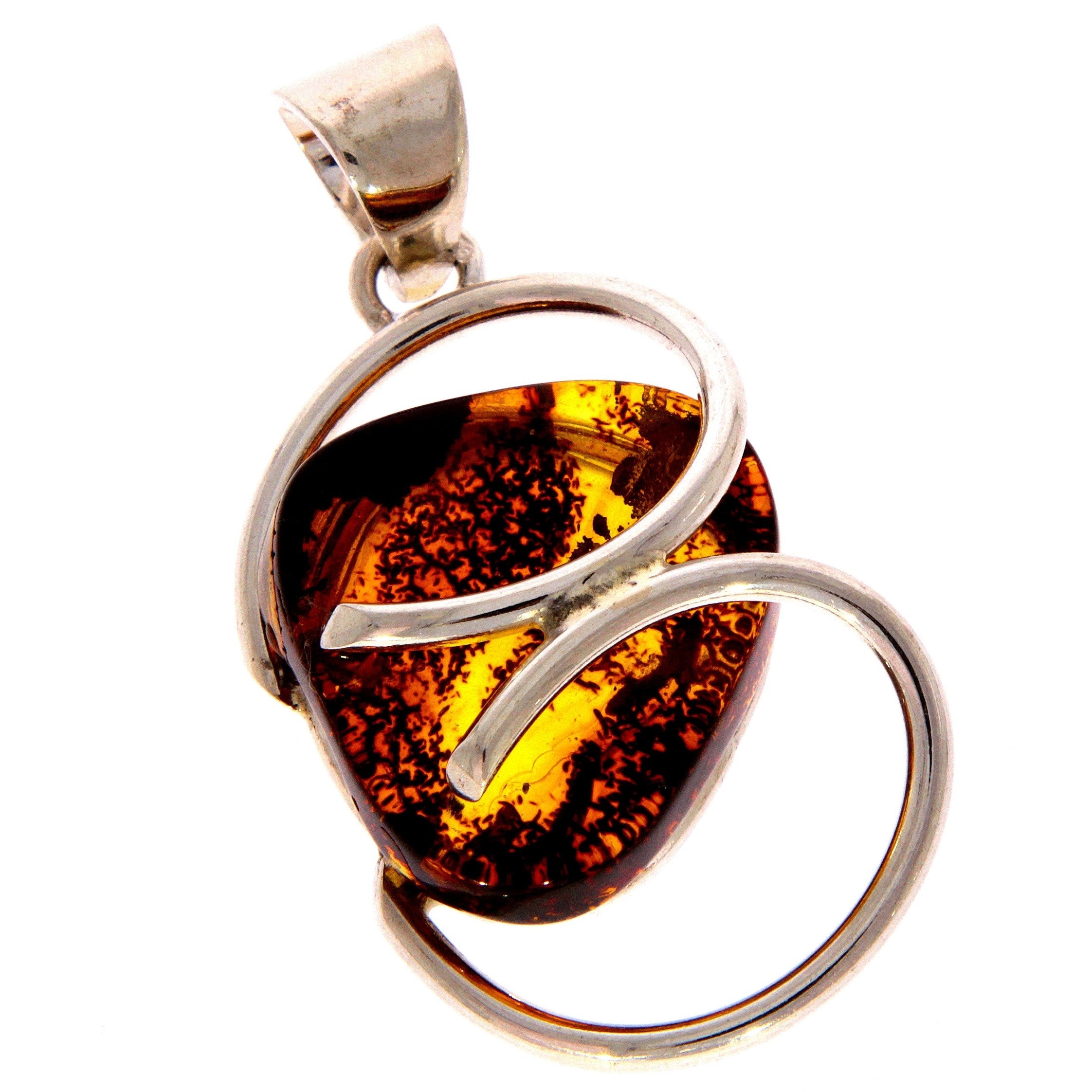 925 Sterling Silver & Genuine Cognac Baltic Amber Exlusive Unique Pendant - PD1977