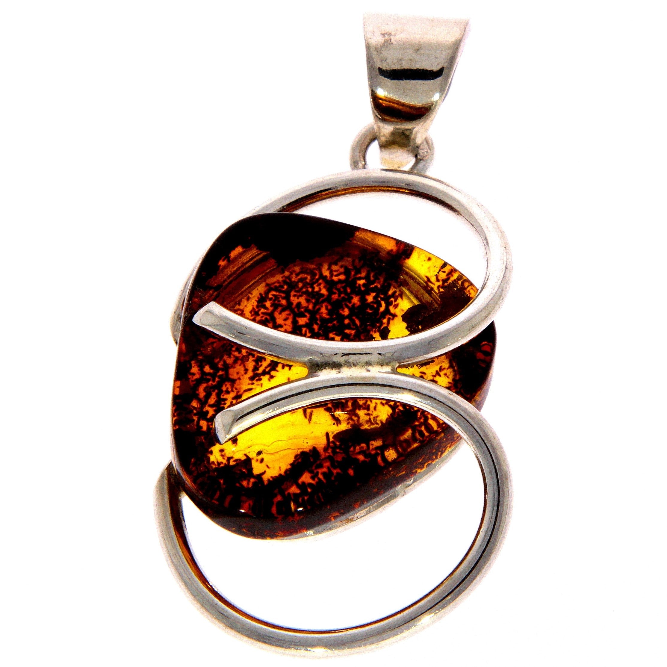 925 Sterling Silver & Genuine Cognac Baltic Amber Exlusive Unique Pendant - PD1977