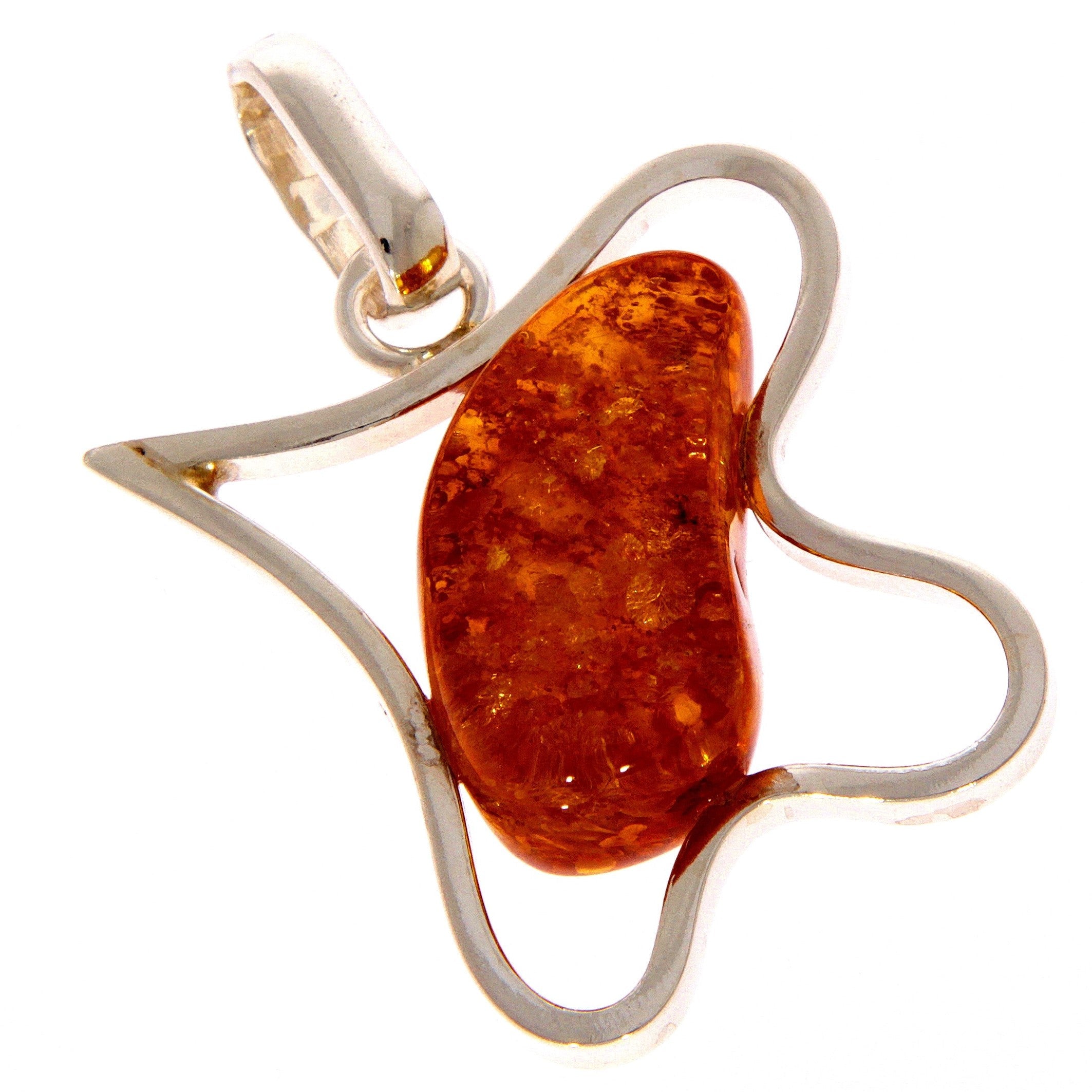 925 Sterling Silver & Genuine Cognac Baltic Amber Exlusive Unique Pendant - PD1985