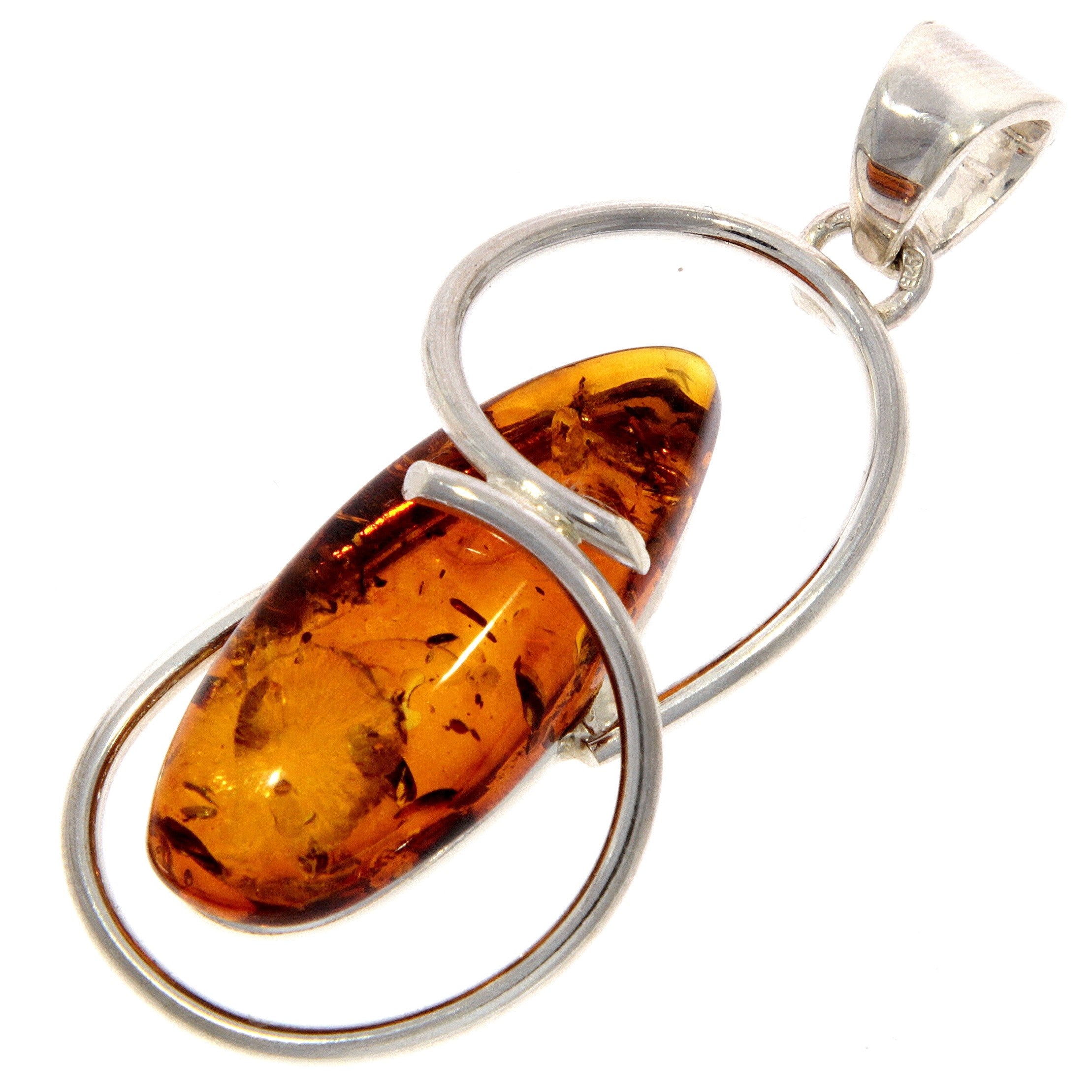 925 Sterling Silver & Genuine Cognac Baltic Amber Exlusive Unique Pendant - PD2026