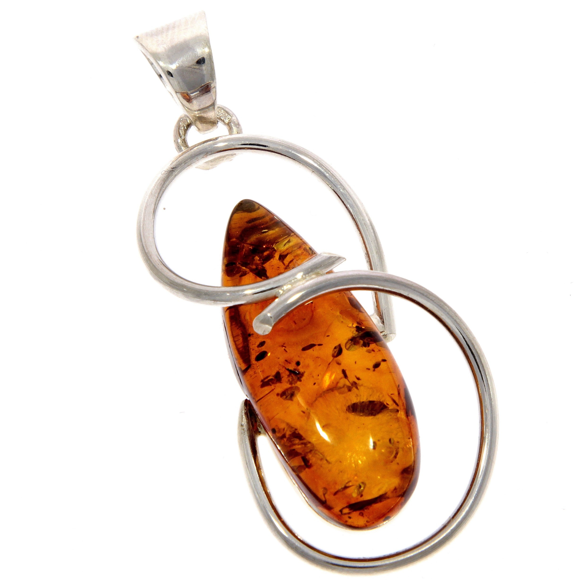 925 Sterling Silver & Genuine Cognac Baltic Amber Exlusive Unique Pendant - PD2026