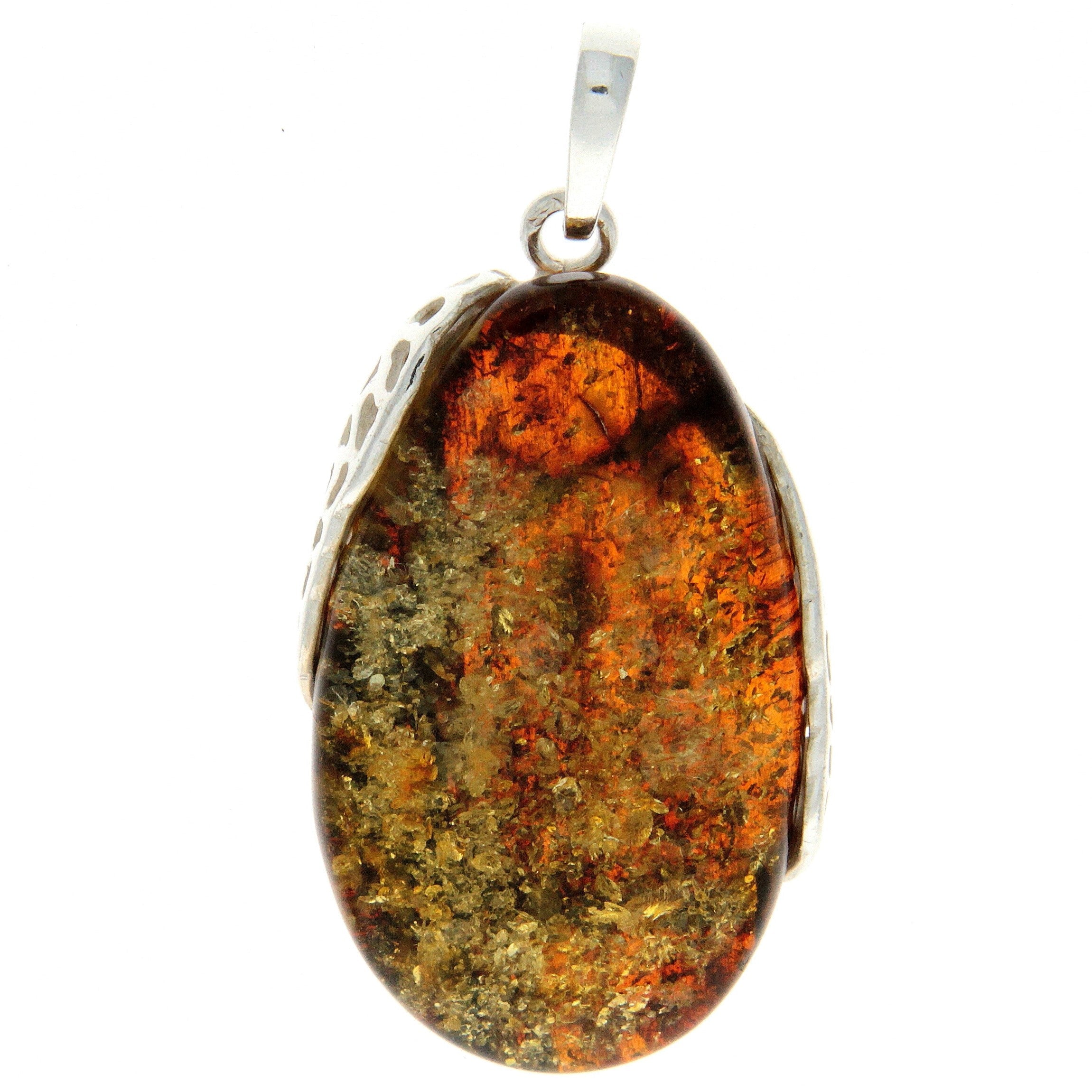 925 Sterling Silver & Genuine Green Baltic Amber Exlusive Unique Pendant - PD2076