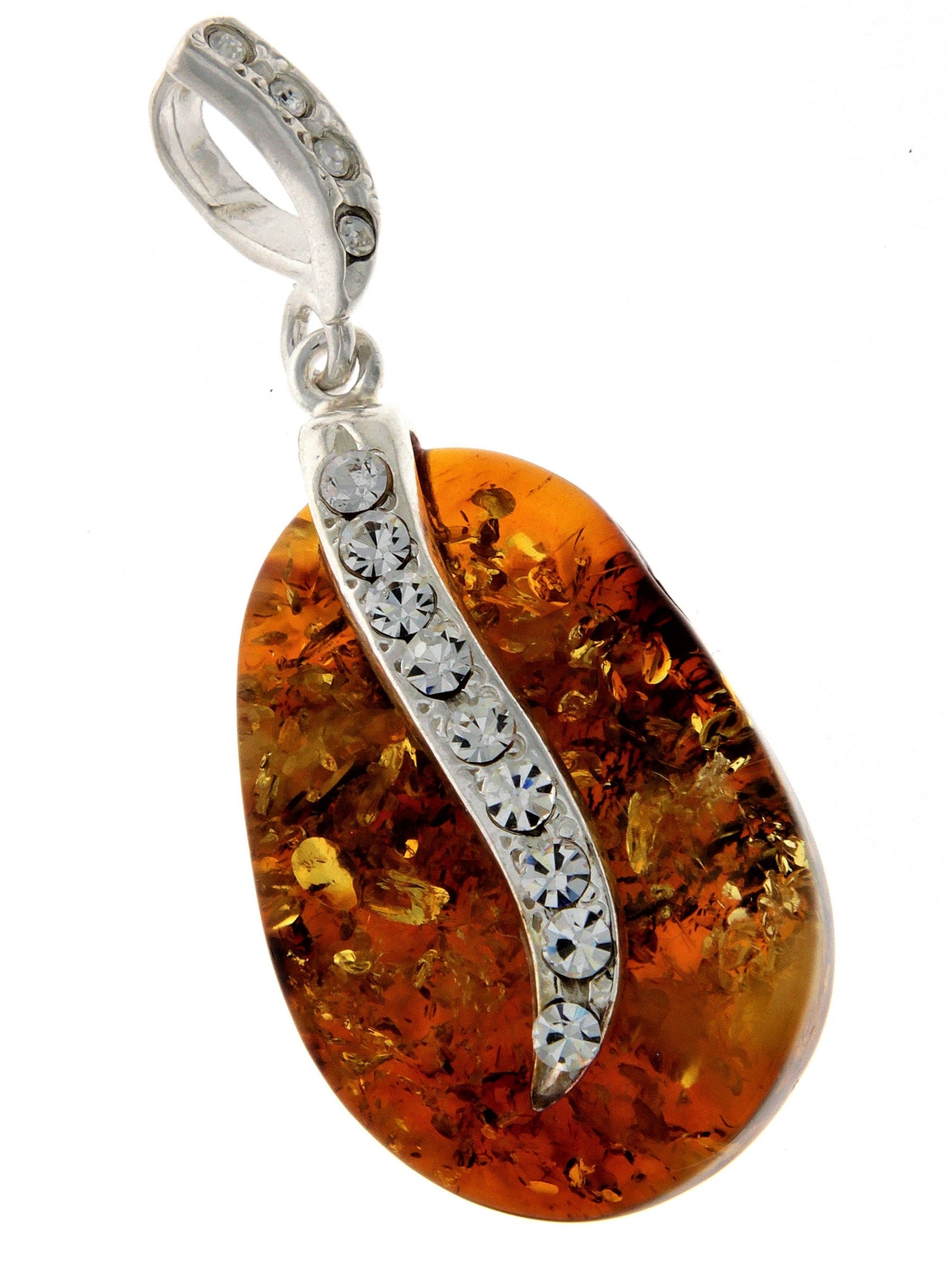 925 Sterling Silver & Genuine Cognac Baltic Amber Exclusive Unique Pendant with Cubic Zirconia stones - PD2077