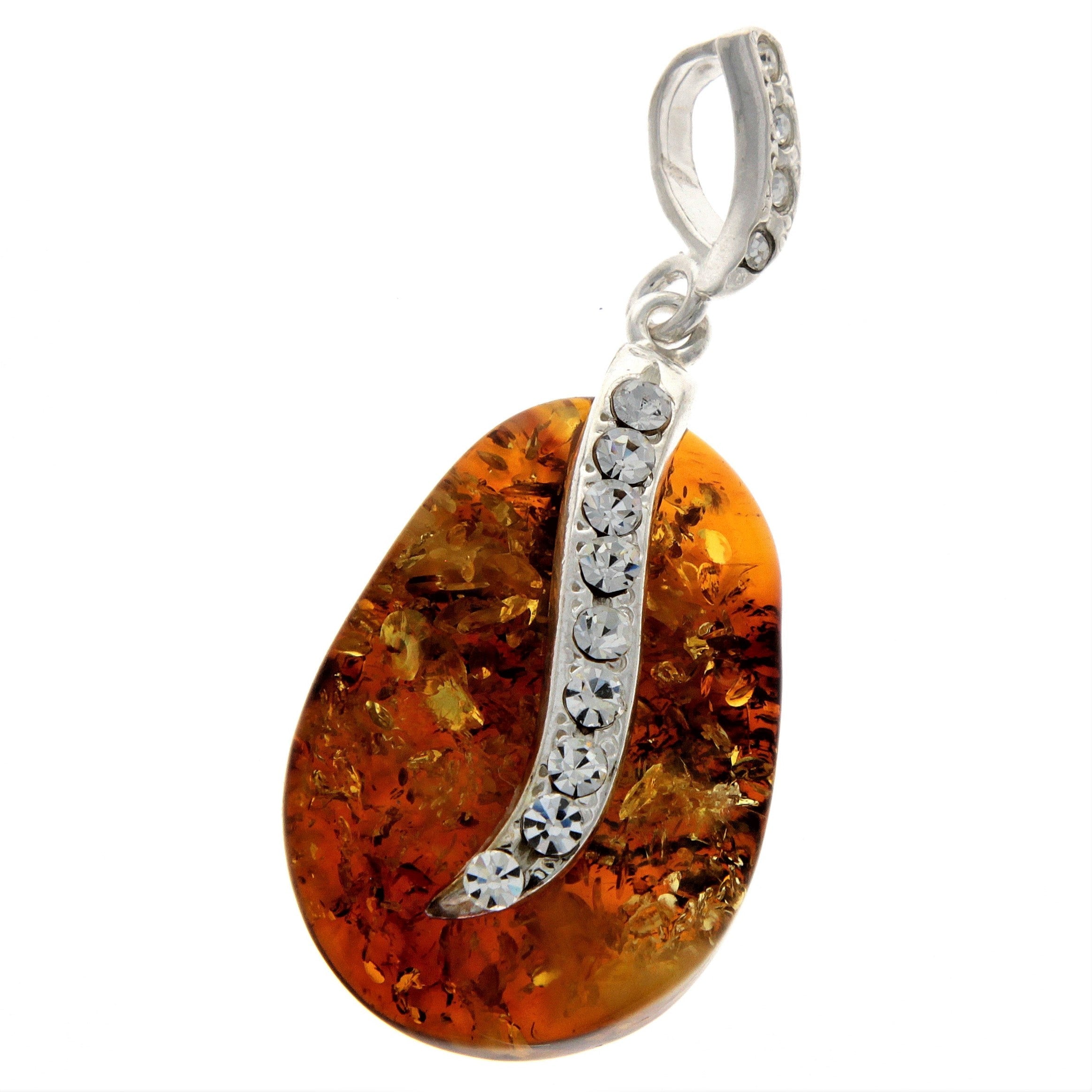 925 Sterling Silver & Genuine Cognac Baltic Amber Exclusive Unique Pendant with Cubic Zirconia stones - PD2077