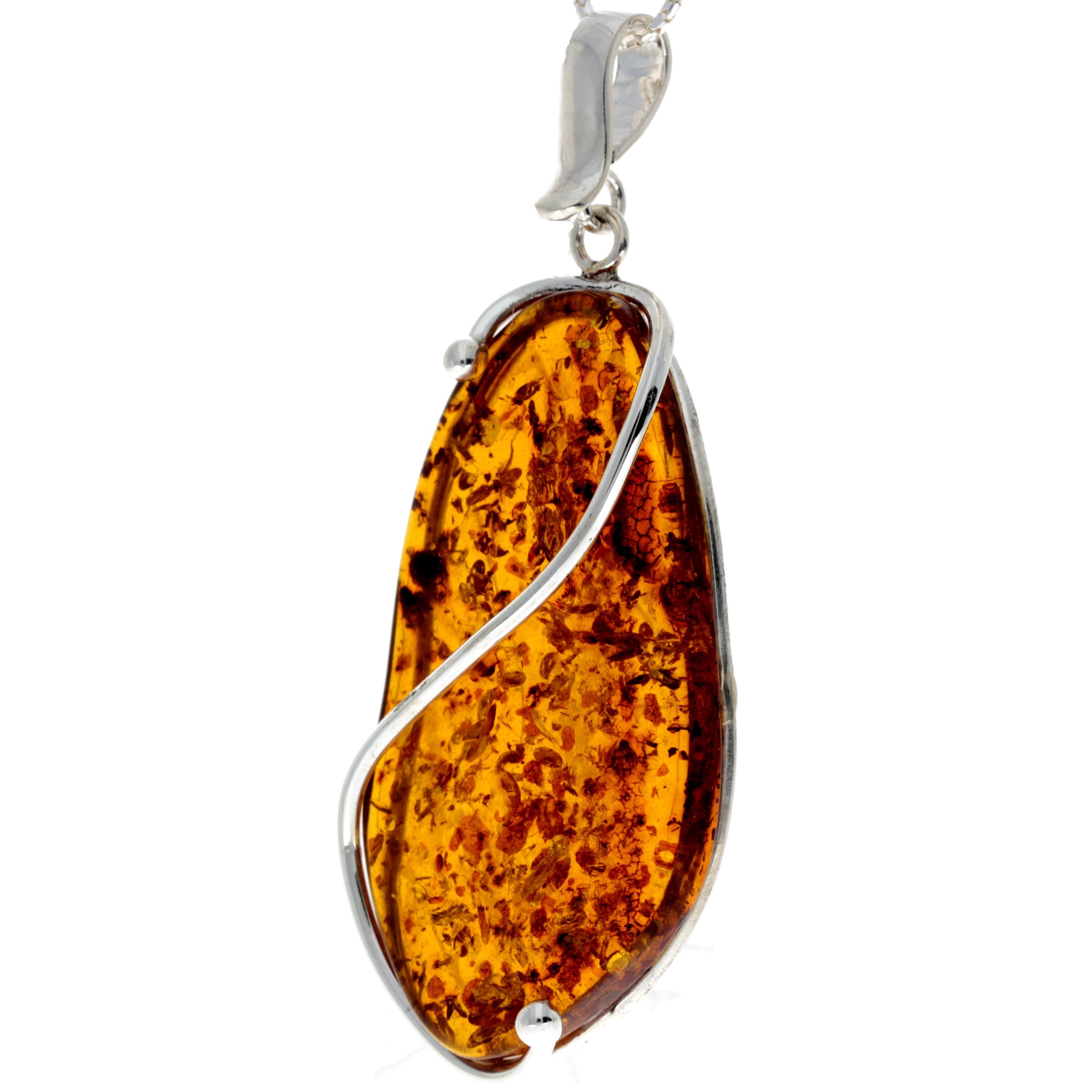 925 Sterling Silver & Genuine Cognac Baltic Amber Exlusive Unique Pendant - PD2157