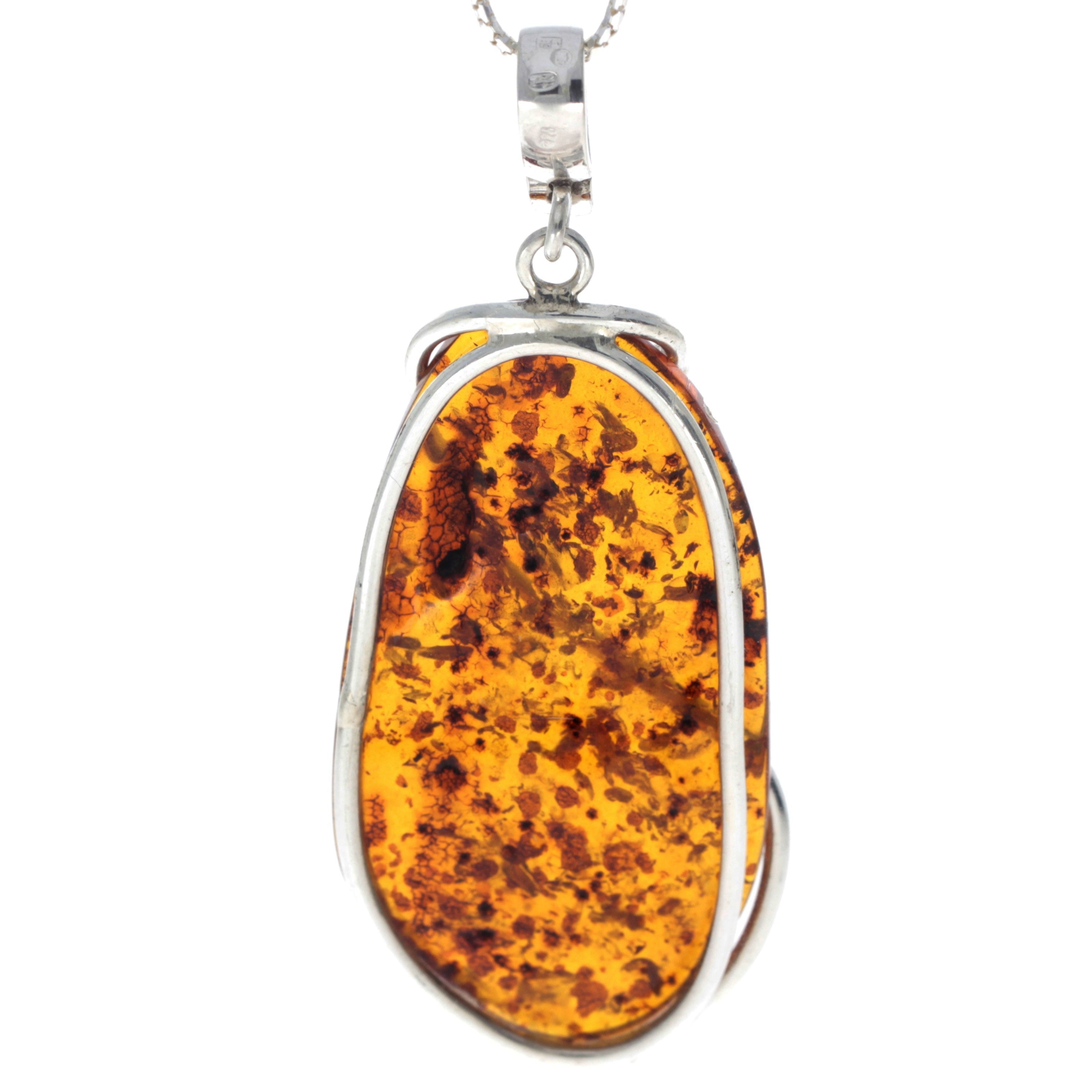 925 Sterling Silver & Genuine Cognac Baltic Amber Exlusive Unique Pendant - PD2157