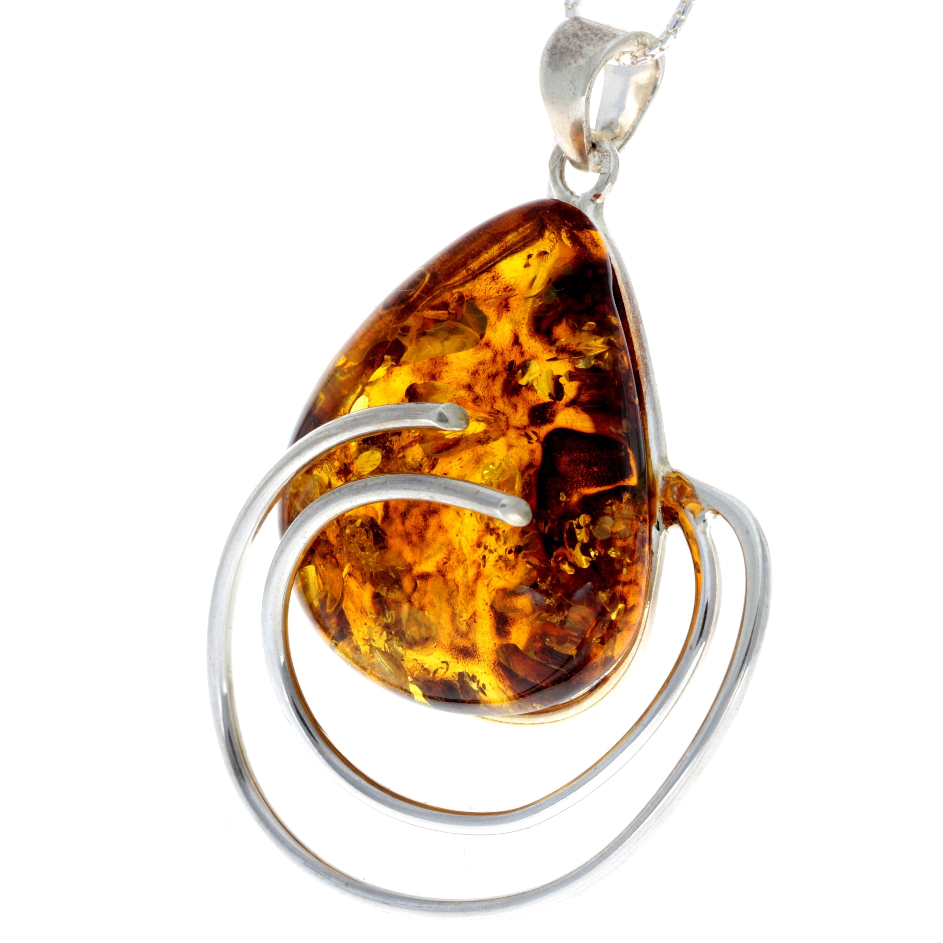 925 Sterling Silver & Genuine Cognac Baltic Amber Exlusive Unique Pendant - PD2159