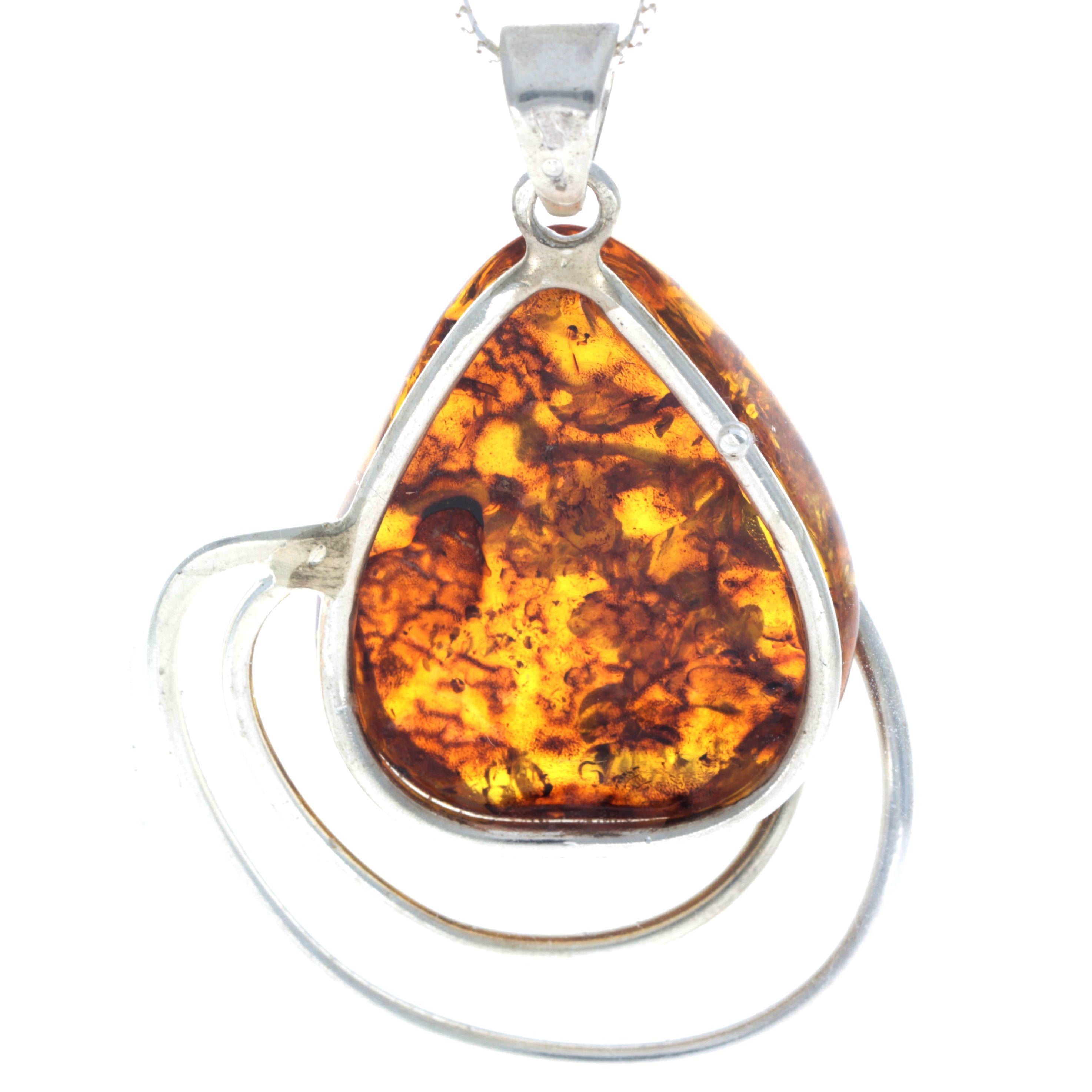 925 Sterling Silver & Genuine Cognac Baltic Amber Exlusive Unique Pendant - PD2159