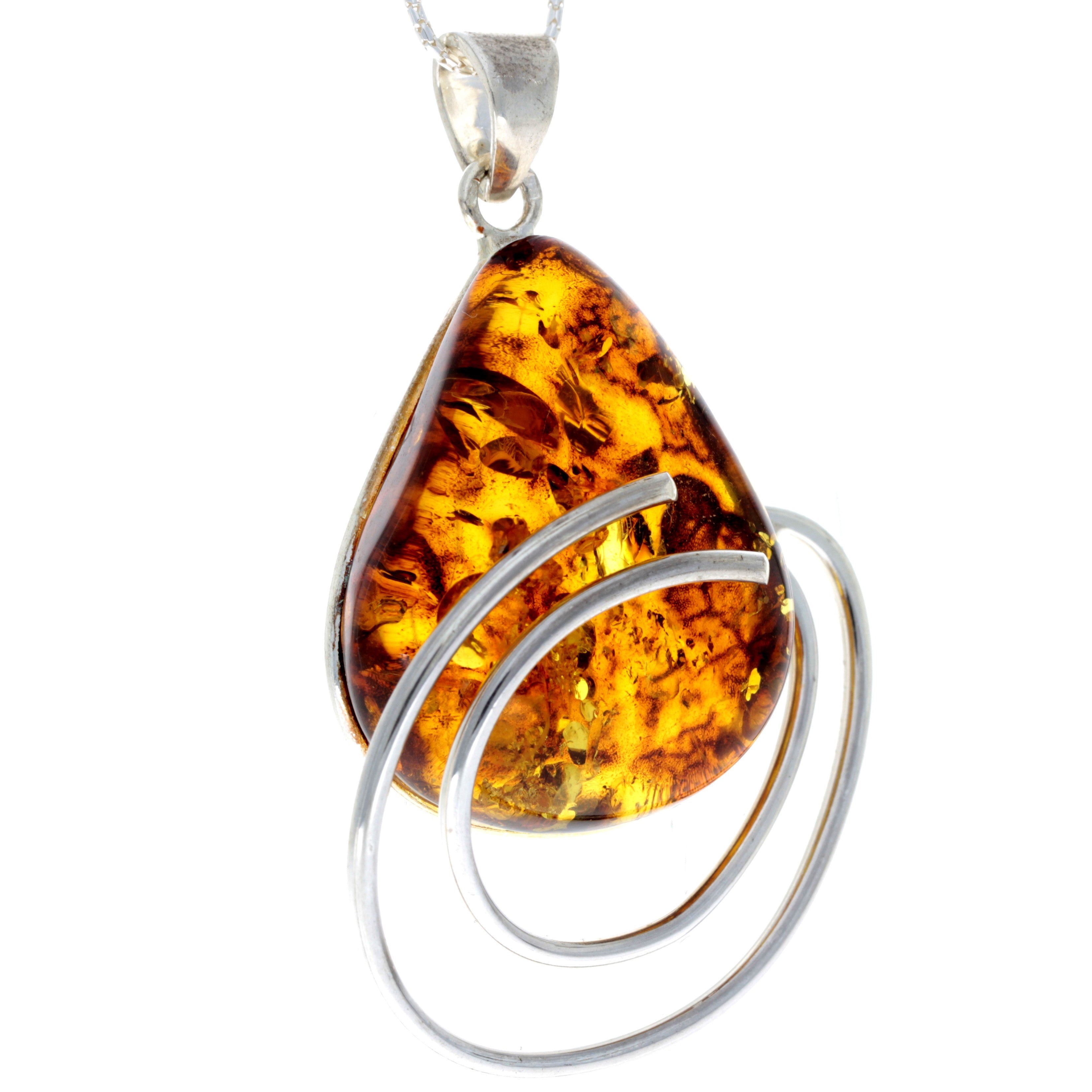 925 Sterling Silver & Genuine Cognac Baltic Amber Exlusive Unique Pendant - PD2159