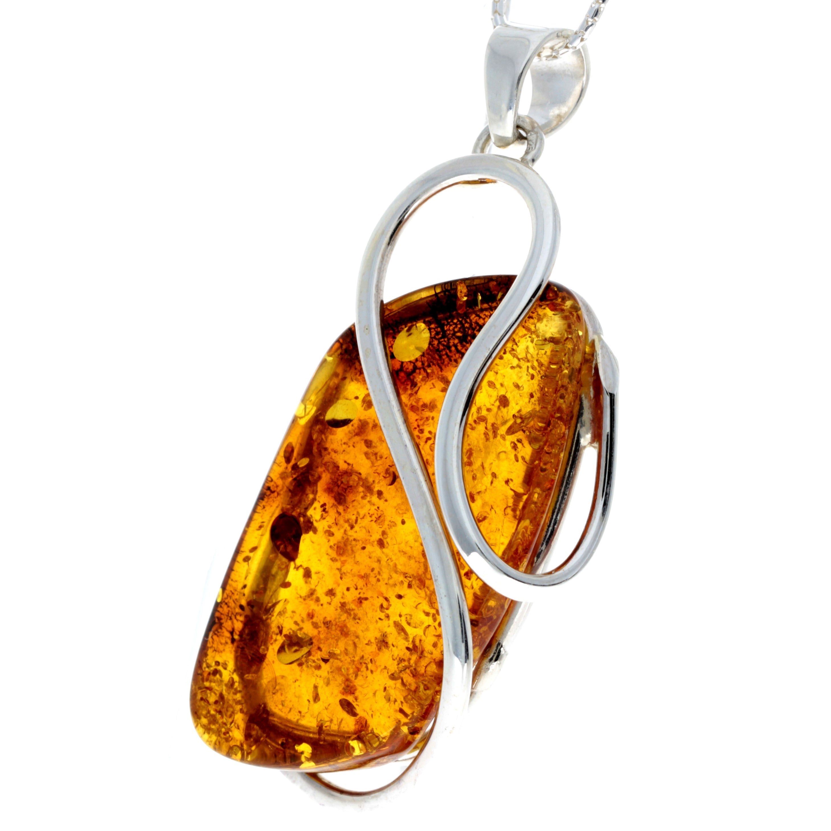 925 Sterling Silver & Genuine Cognac Baltic Amber Exlusive Unique Pendant - PD2161