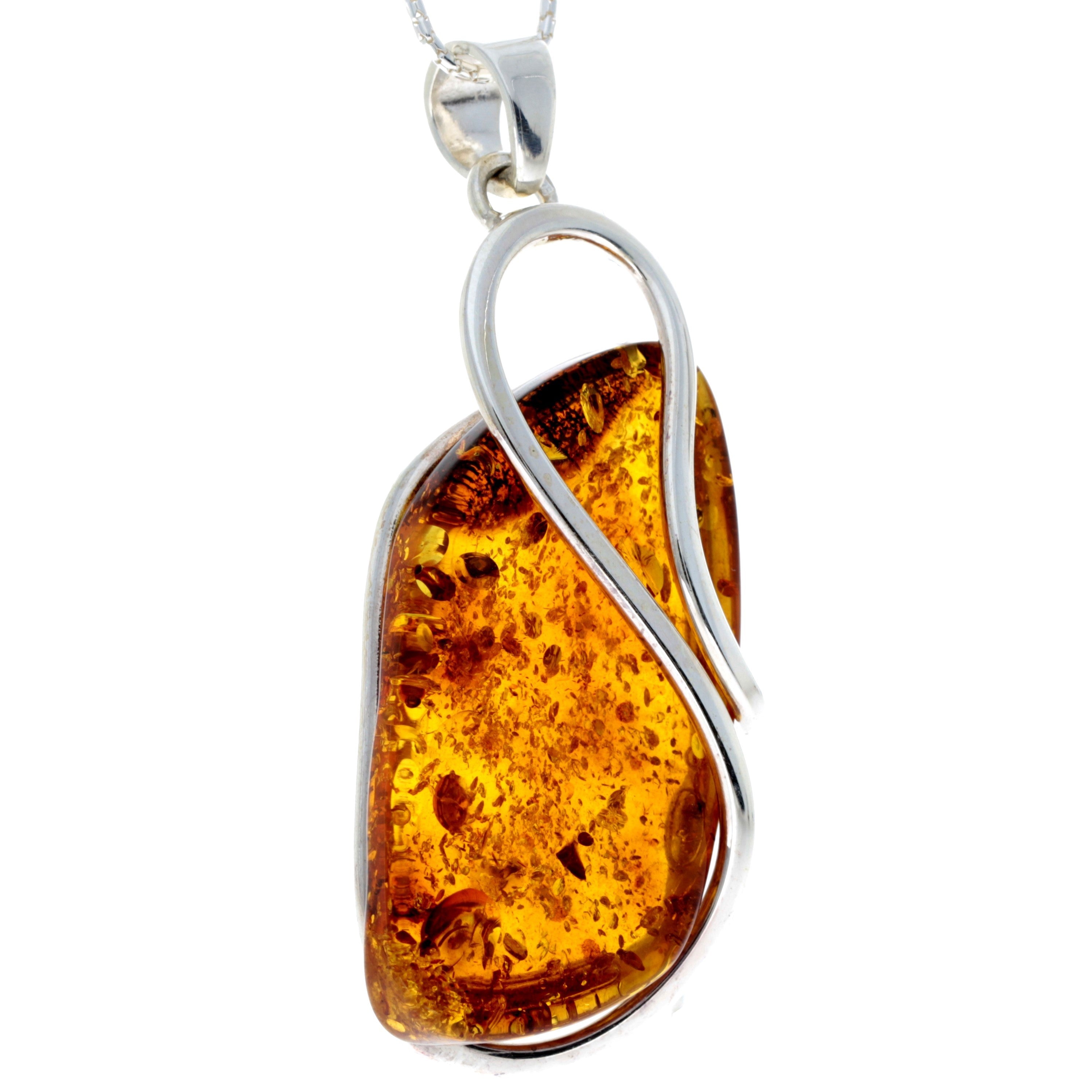 925 Sterling Silver & Genuine Cognac Baltic Amber Exlusive Unique Pendant - PD2161