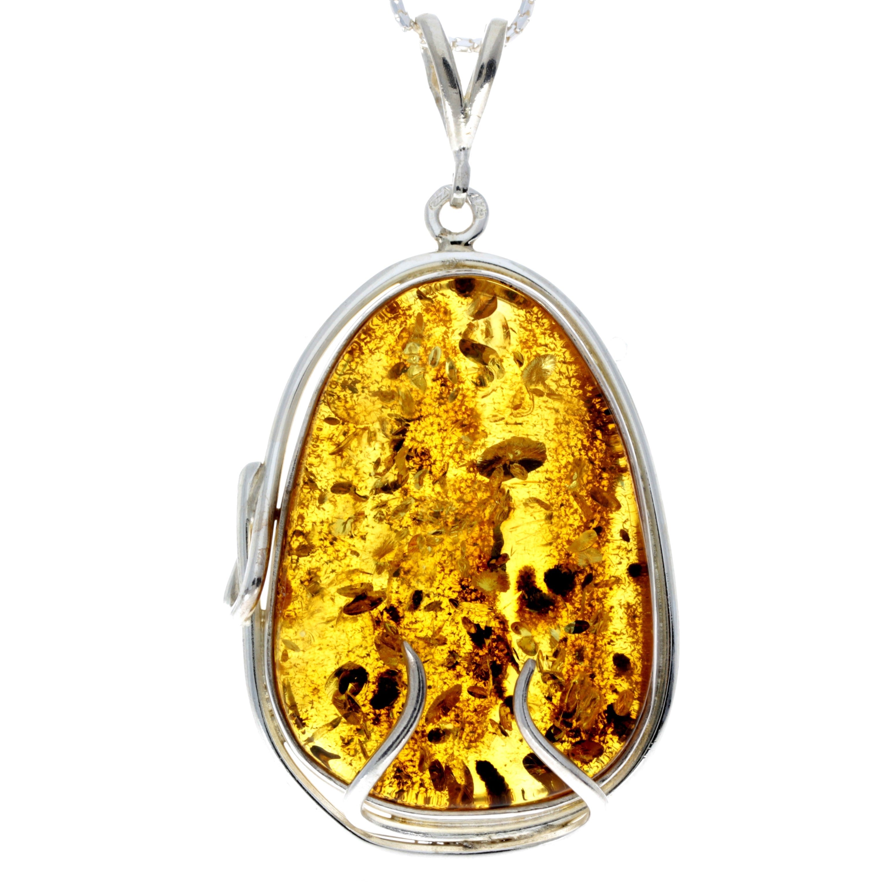 925 Sterling Silver & Genuine Honey Baltic Amber Exlusive Unique Pendant - PD2162