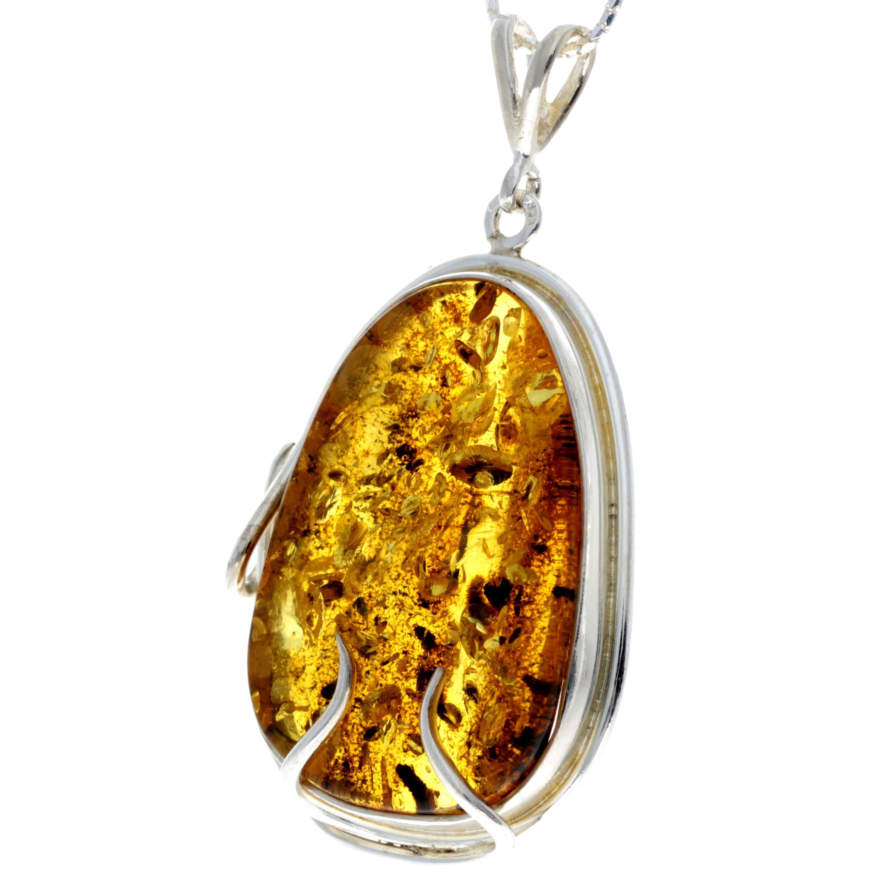 925 Sterling Silver & Genuine Honey Baltic Amber Exlusive Unique Pendant - PD2162