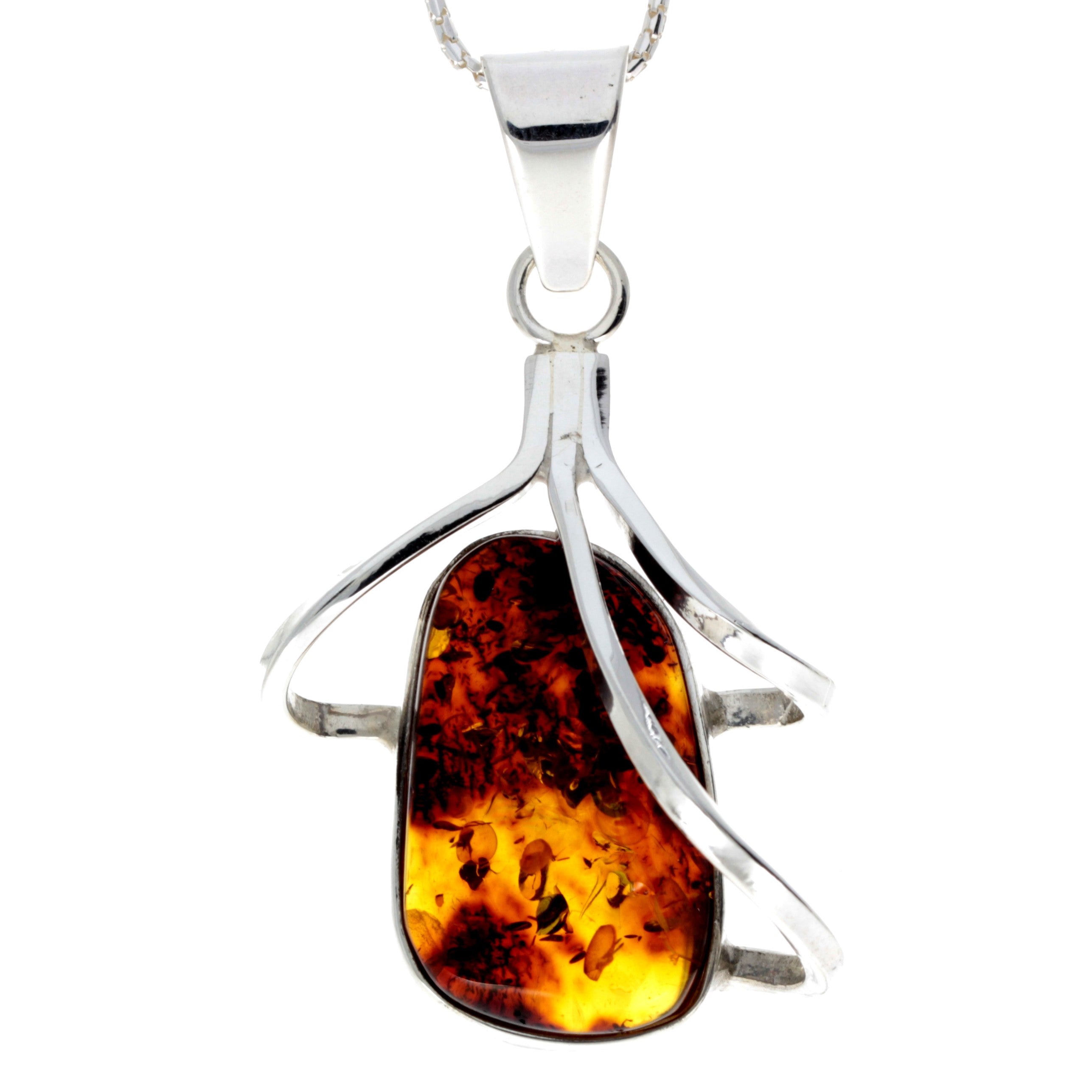 925 Sterling Silver & Genuine Cognac Baltic Amber Exlusive Unique Pendant - PD2167