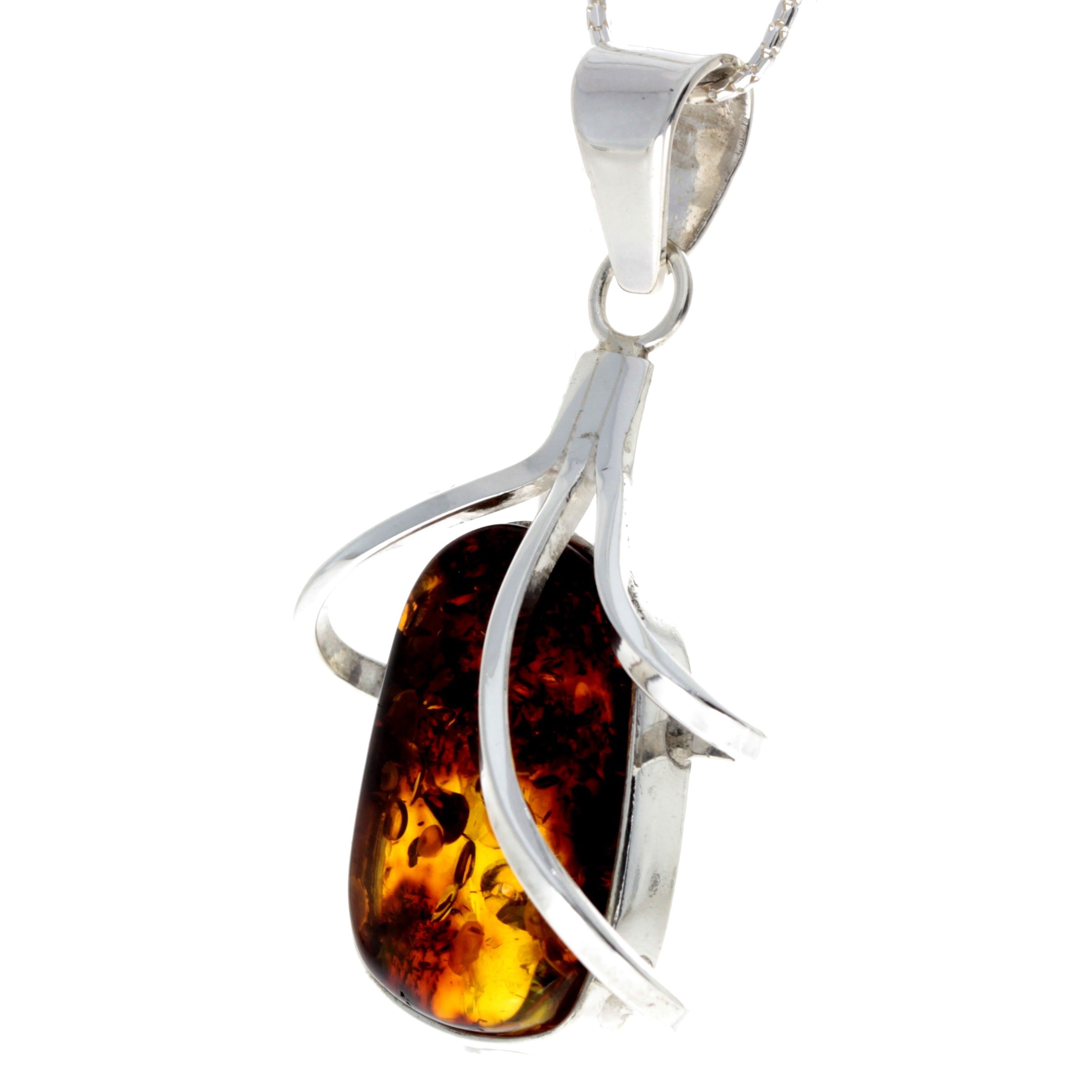 925 Sterling Silver & Genuine Cognac Baltic Amber Exlusive Unique Pendant - PD2167