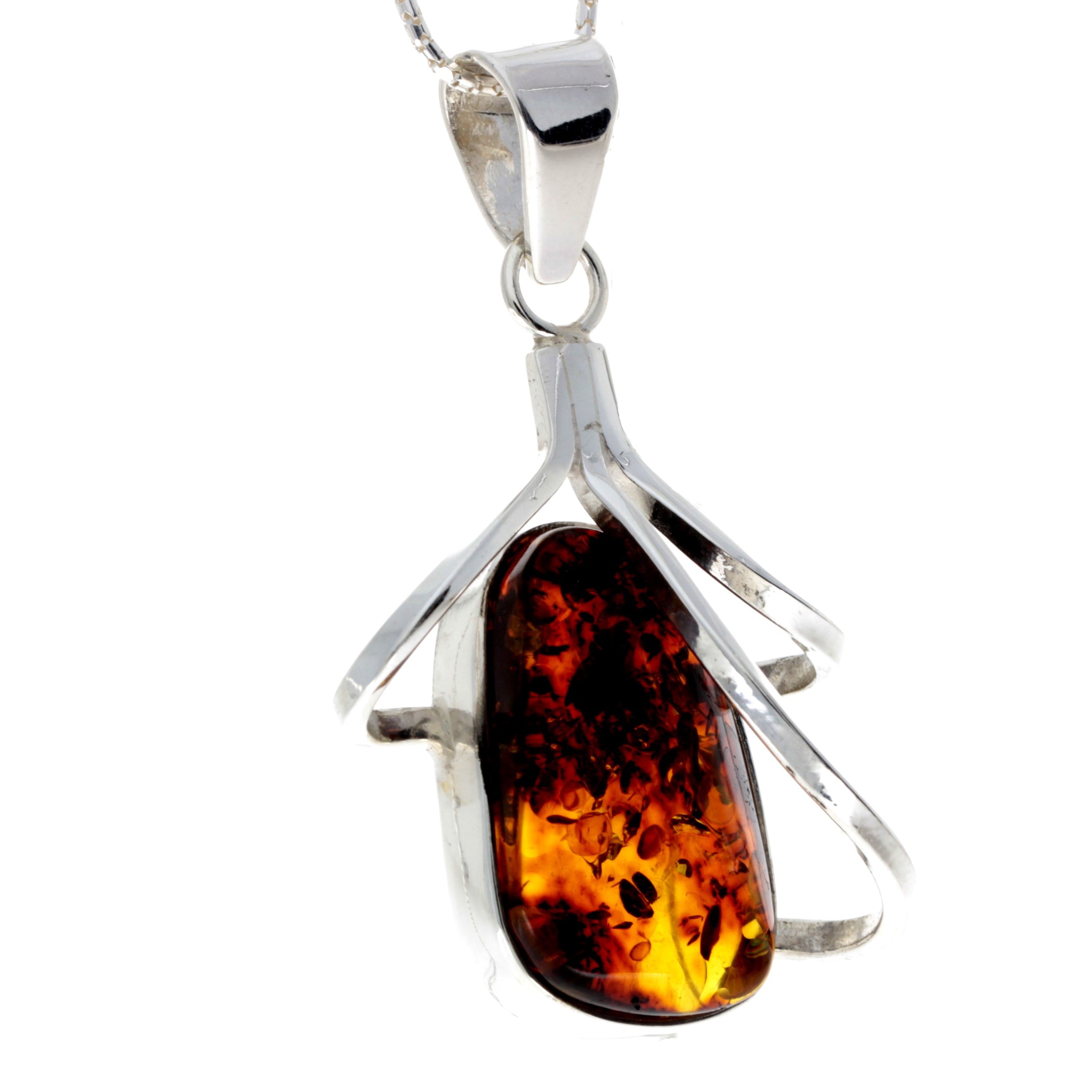 925 Sterling Silver & Genuine Cognac Baltic Amber Exlusive Unique Pendant - PD2167