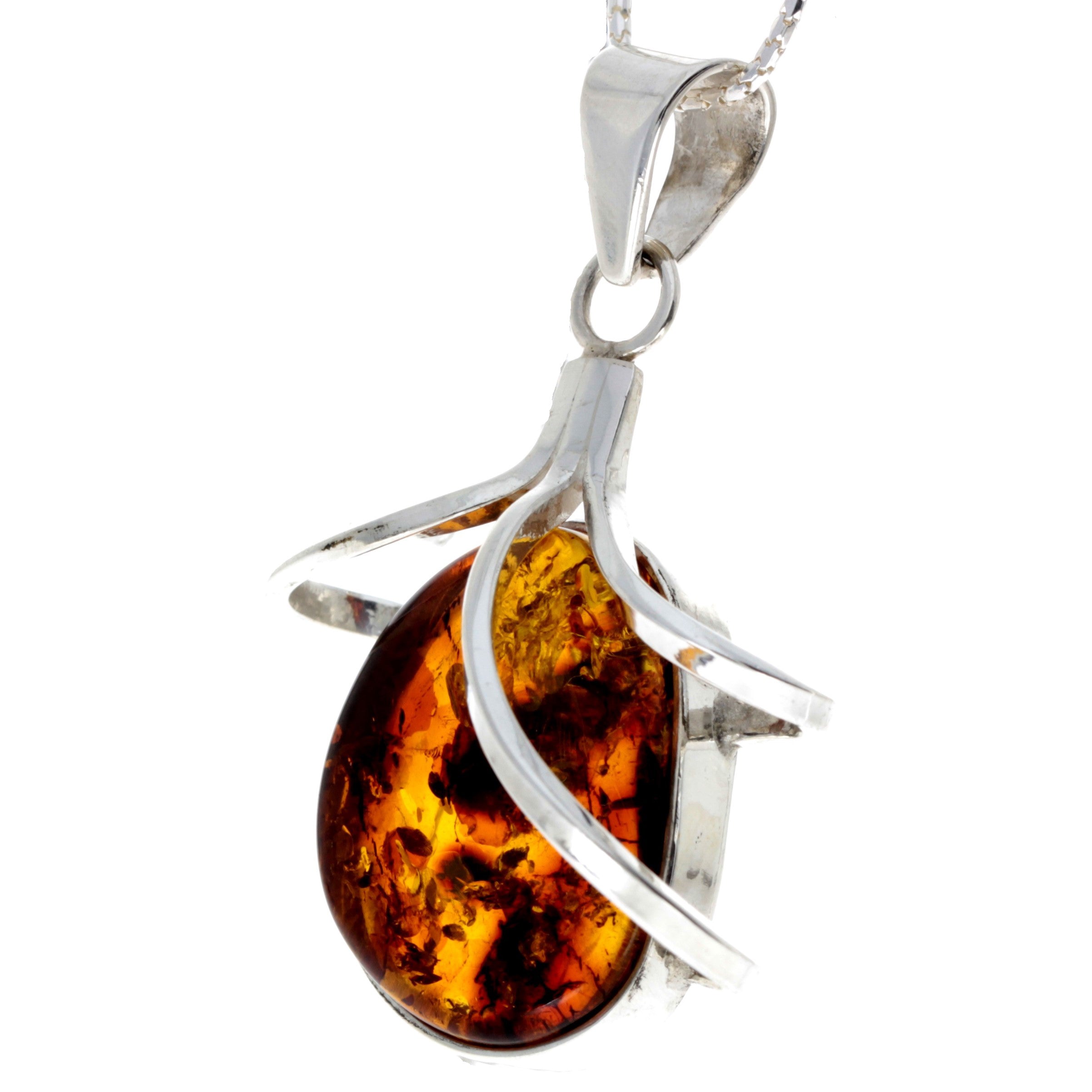 925 Sterling Silver & Genuine Cognac Baltic Amber Exlusive Unique Pendant - PD2168