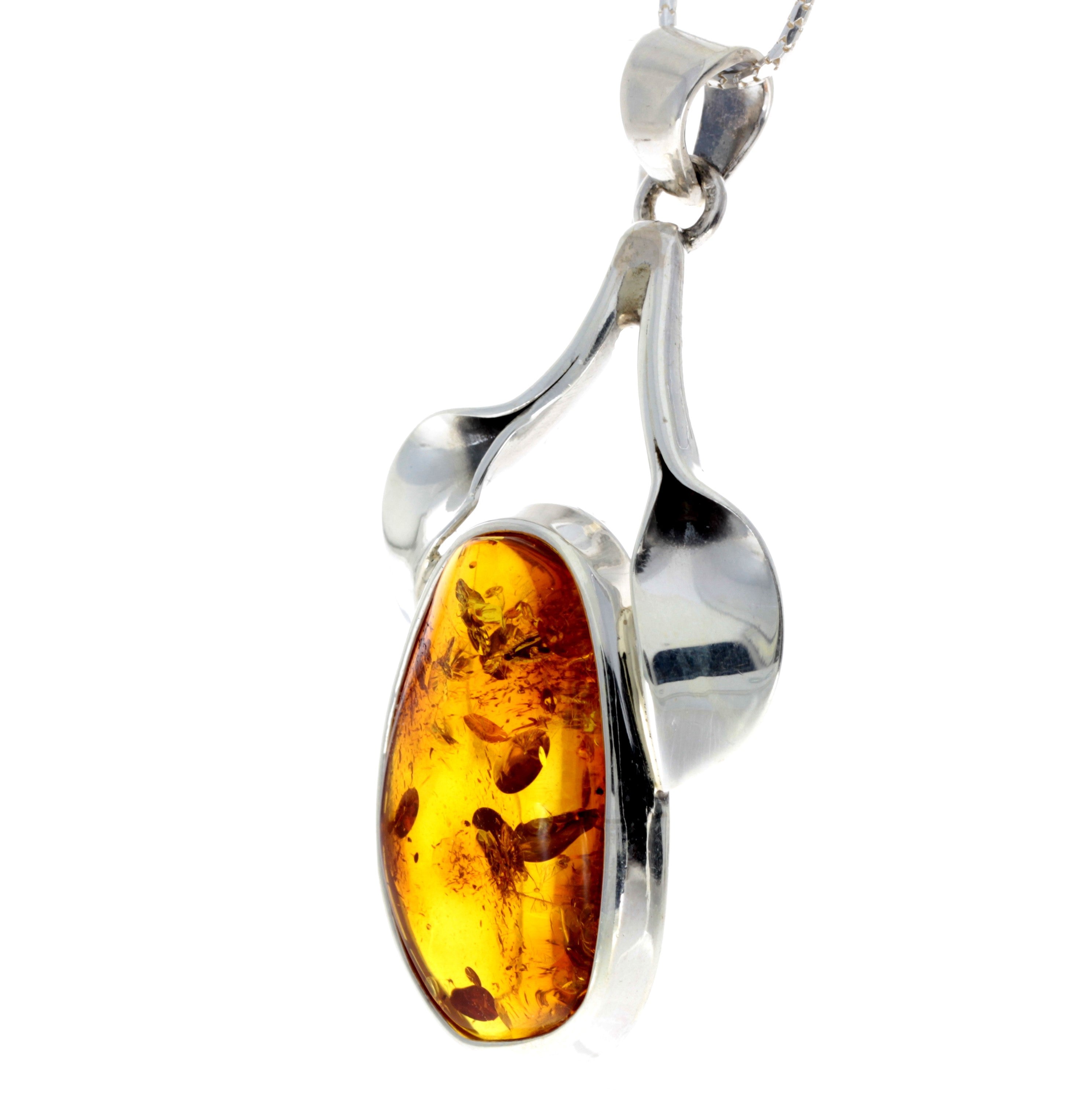 925 Sterling Silver & Genuine Cognac Baltic Amber Exlusive Unique Pendant - PD2169