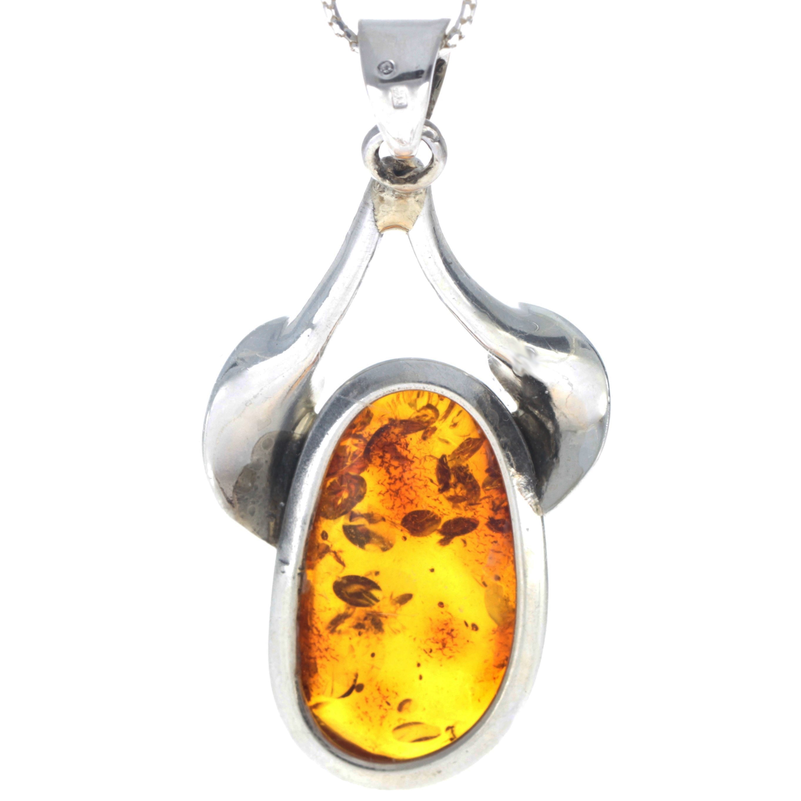 925 Sterling Silver & Genuine Cognac Baltic Amber Exlusive Unique Pendant - PD2169