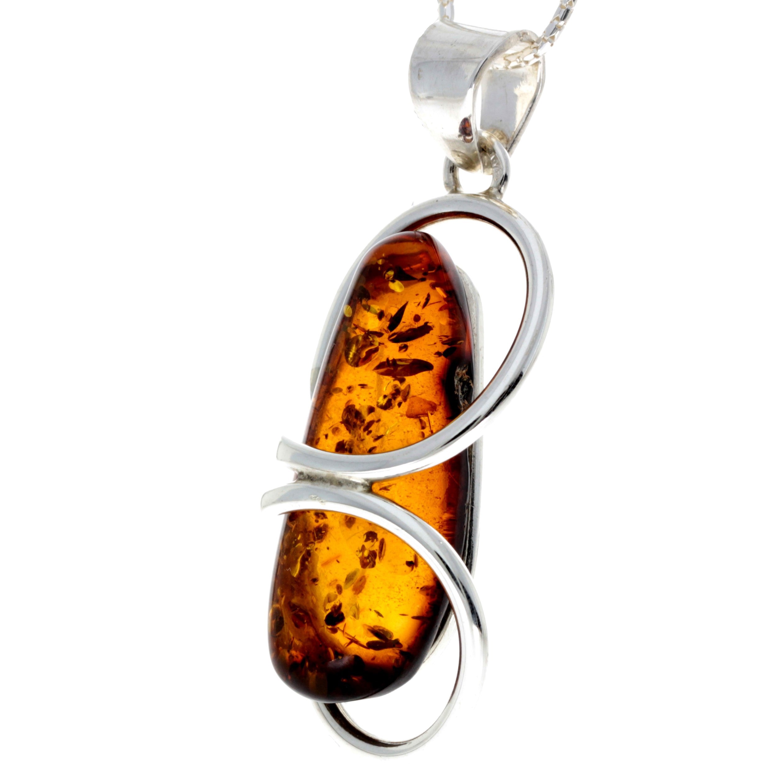 925 Sterling Silver & Genuine Cognac Baltic Amber Exlusive Unique Pendant - PD2176