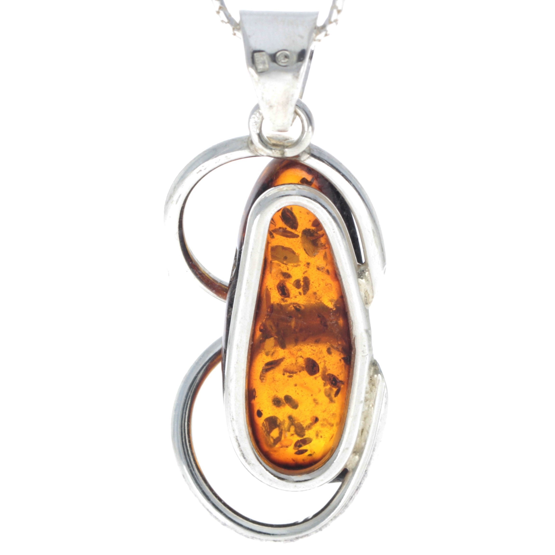 925 Sterling Silver & Genuine Cognac Baltic Amber Exlusive Unique Pendant - PD2176