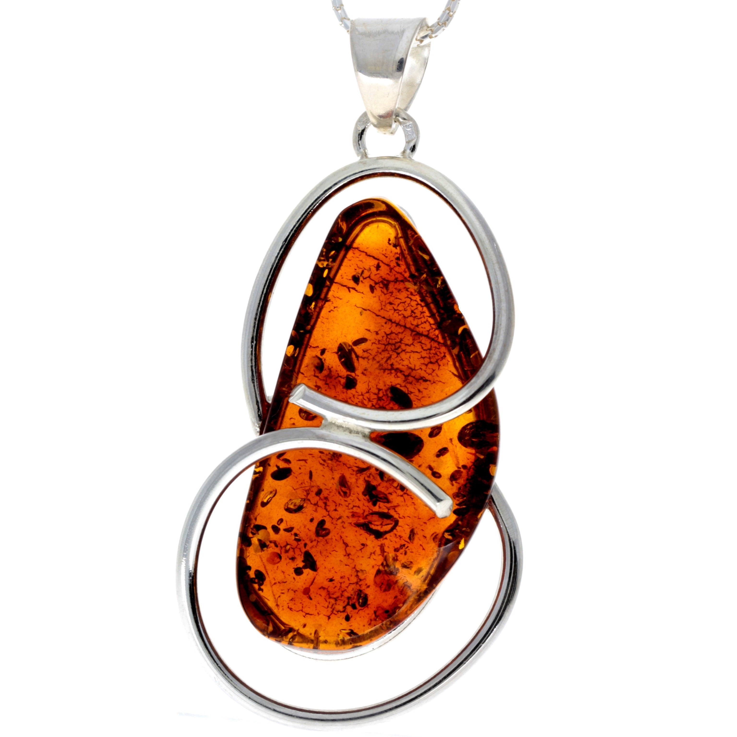 925 Sterling Silver & Genuine Cognac Baltic Amber Exlusive Unique Pendant - PD2177