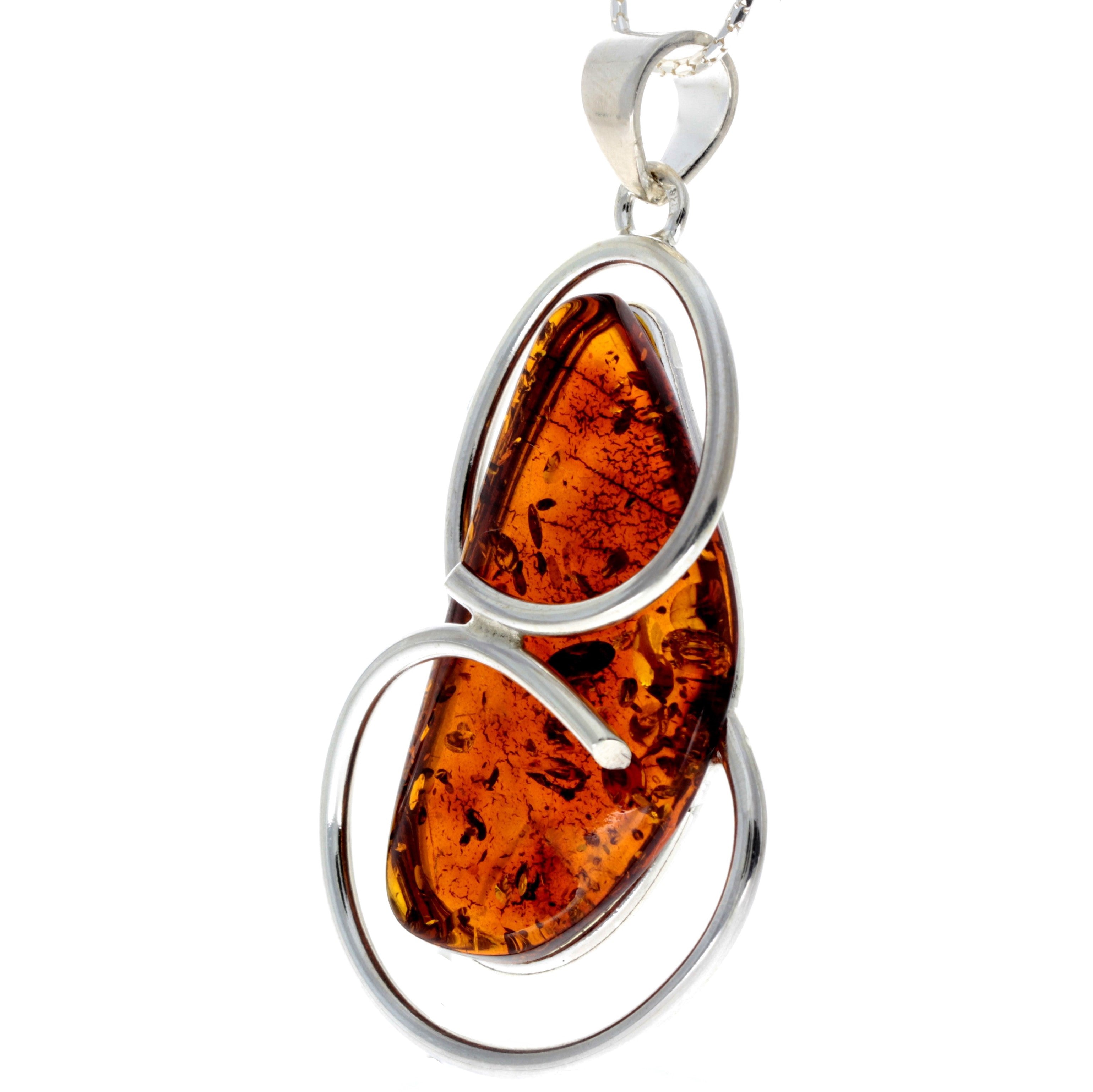 925 Sterling Silver & Genuine Cognac Baltic Amber Exlusive Unique Pendant - PD2177