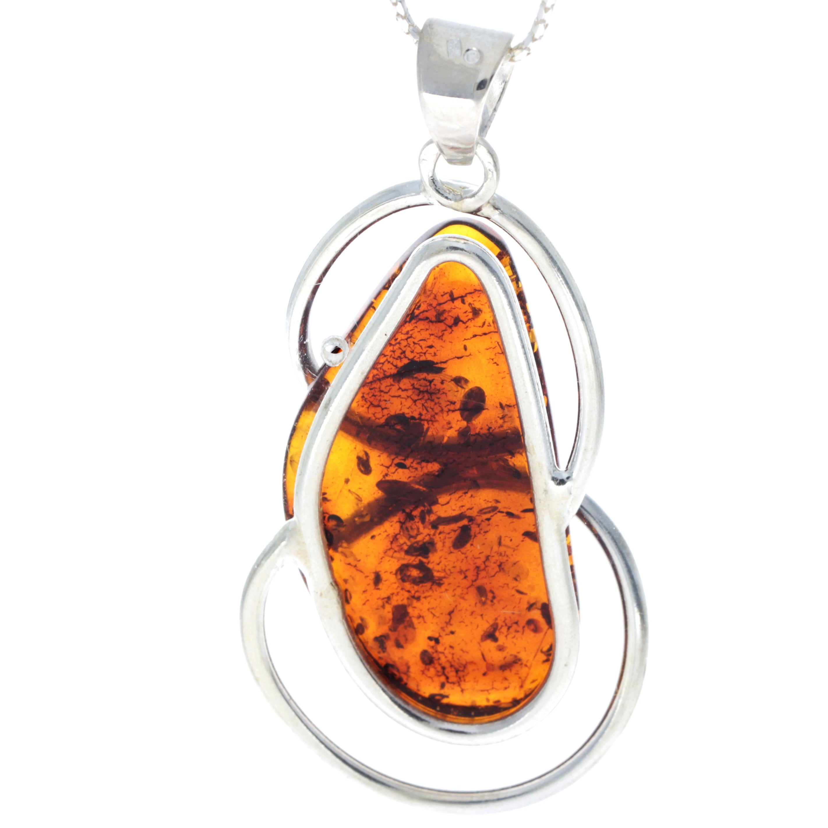 925 Sterling Silver & Genuine Cognac Baltic Amber Exlusive Unique Pendant - PD2177